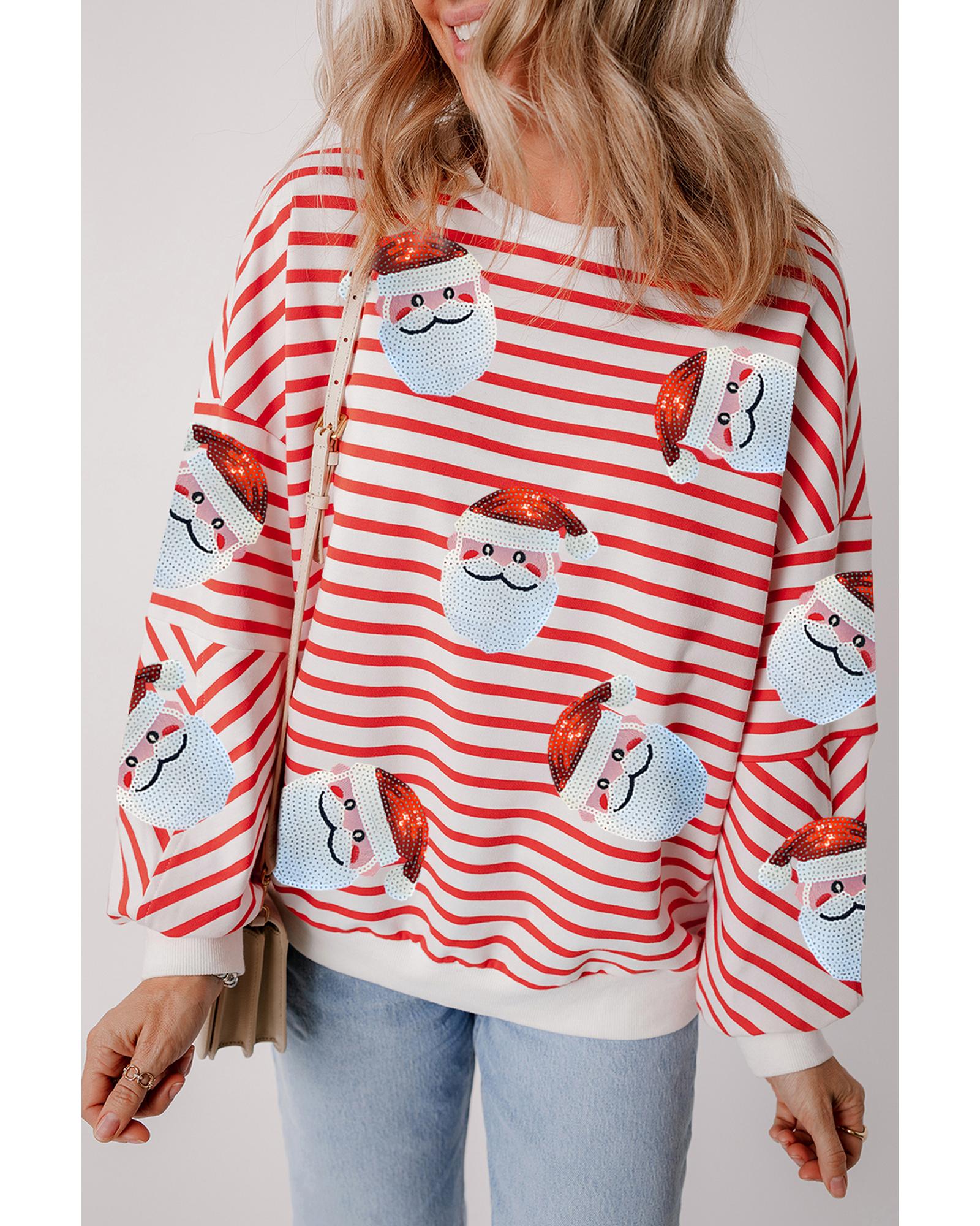 Orange Stripe Striped Sequin Santa Claus Pattern Christmas Pullover Sweatshirt - S 3