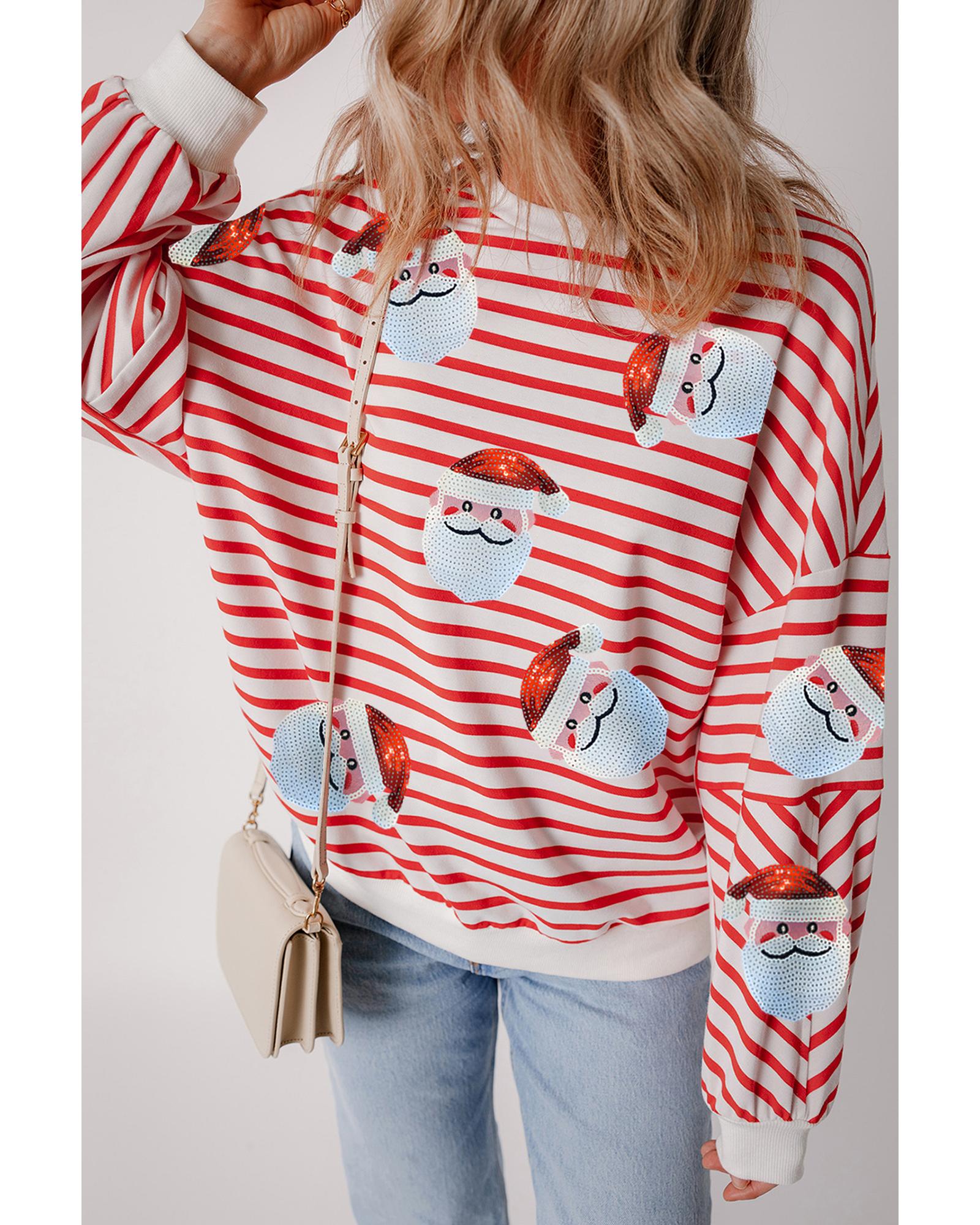 Orange Stripe Striped Sequin Santa Claus Pattern Christmas Pullover Sweatshirt - XL 5