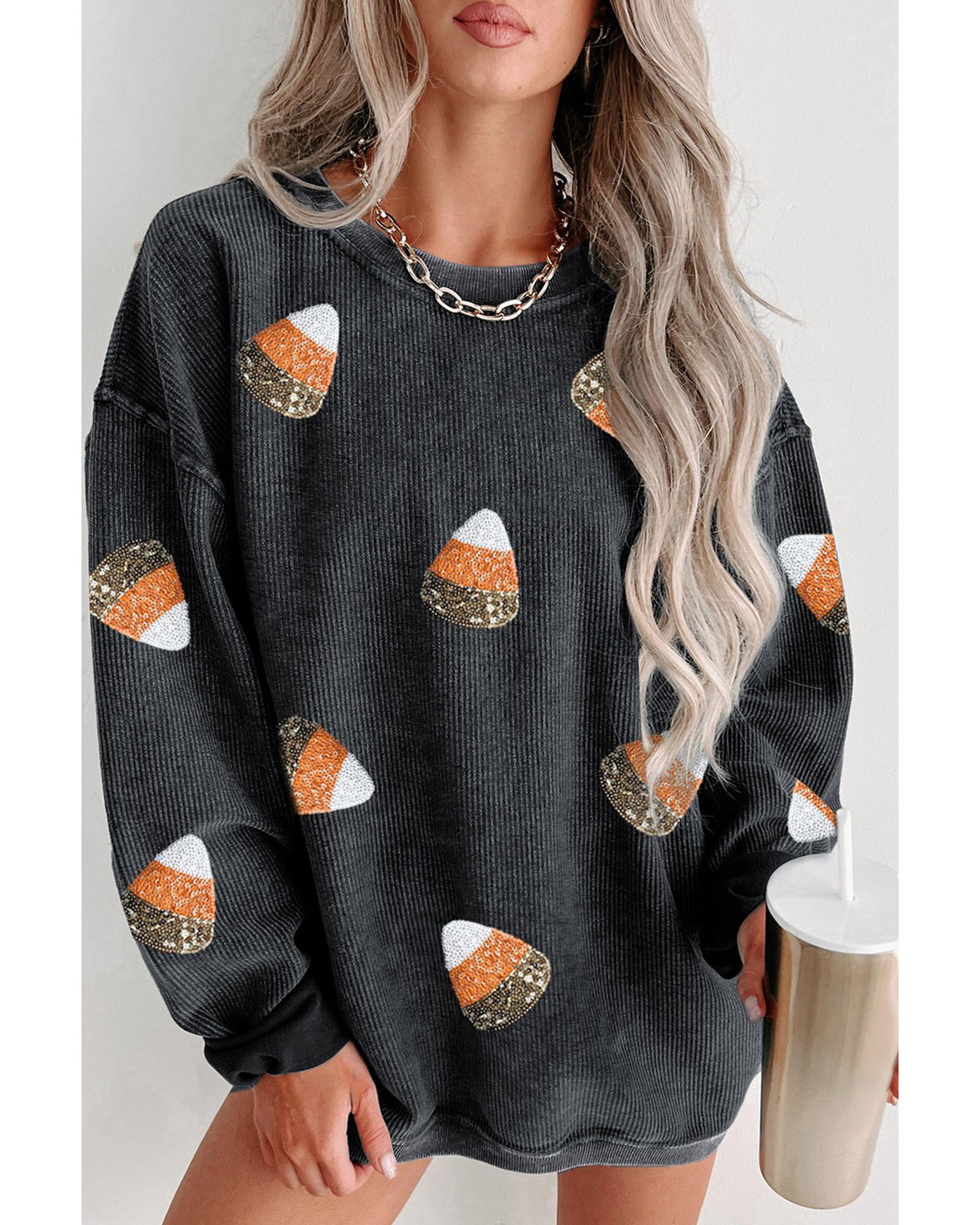 Black Sequin Candy Corn Patched Corded Halloween Sweatshirt - 2XL 3