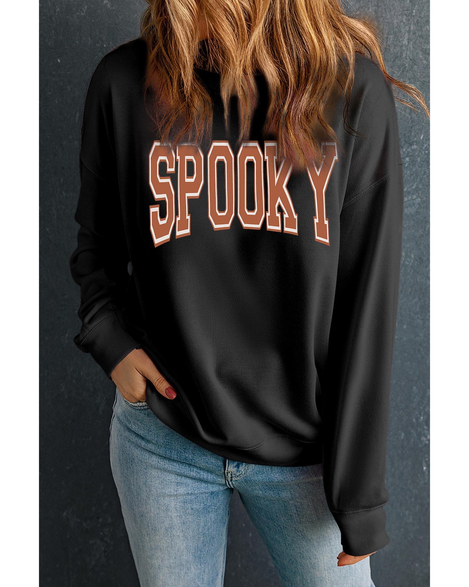 Black SPOOKY Graphic Drop Shoulder Halloween Pullover Sweatshirt - S 4