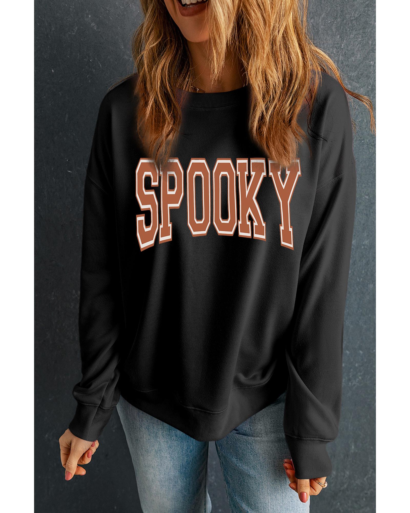 Black SPOOKY Graphic Drop Shoulder Halloween Pullover Sweatshirt - S 6