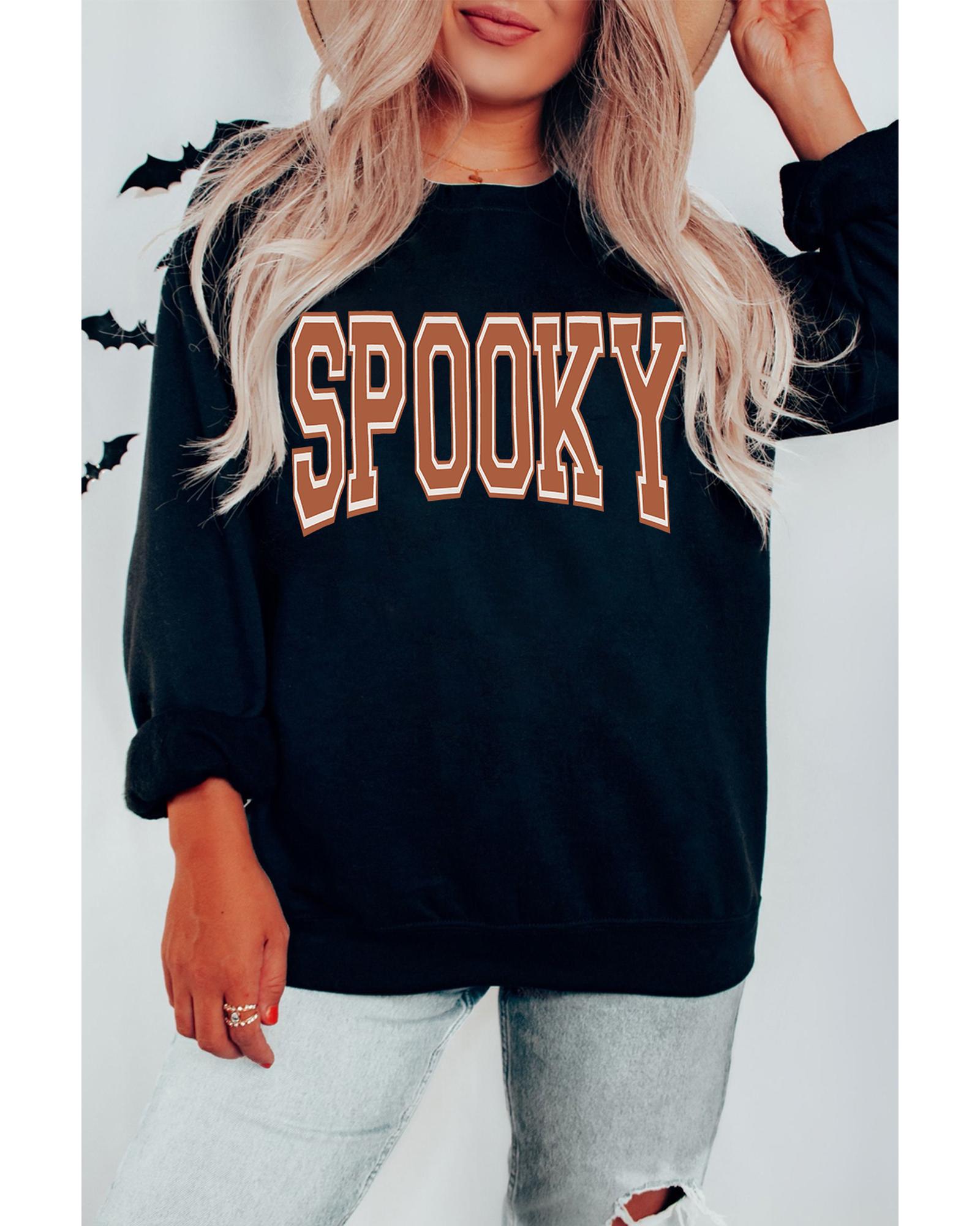 Black SPOOKY Graphic Drop Shoulder Halloween Pullover Sweatshirt - S 7