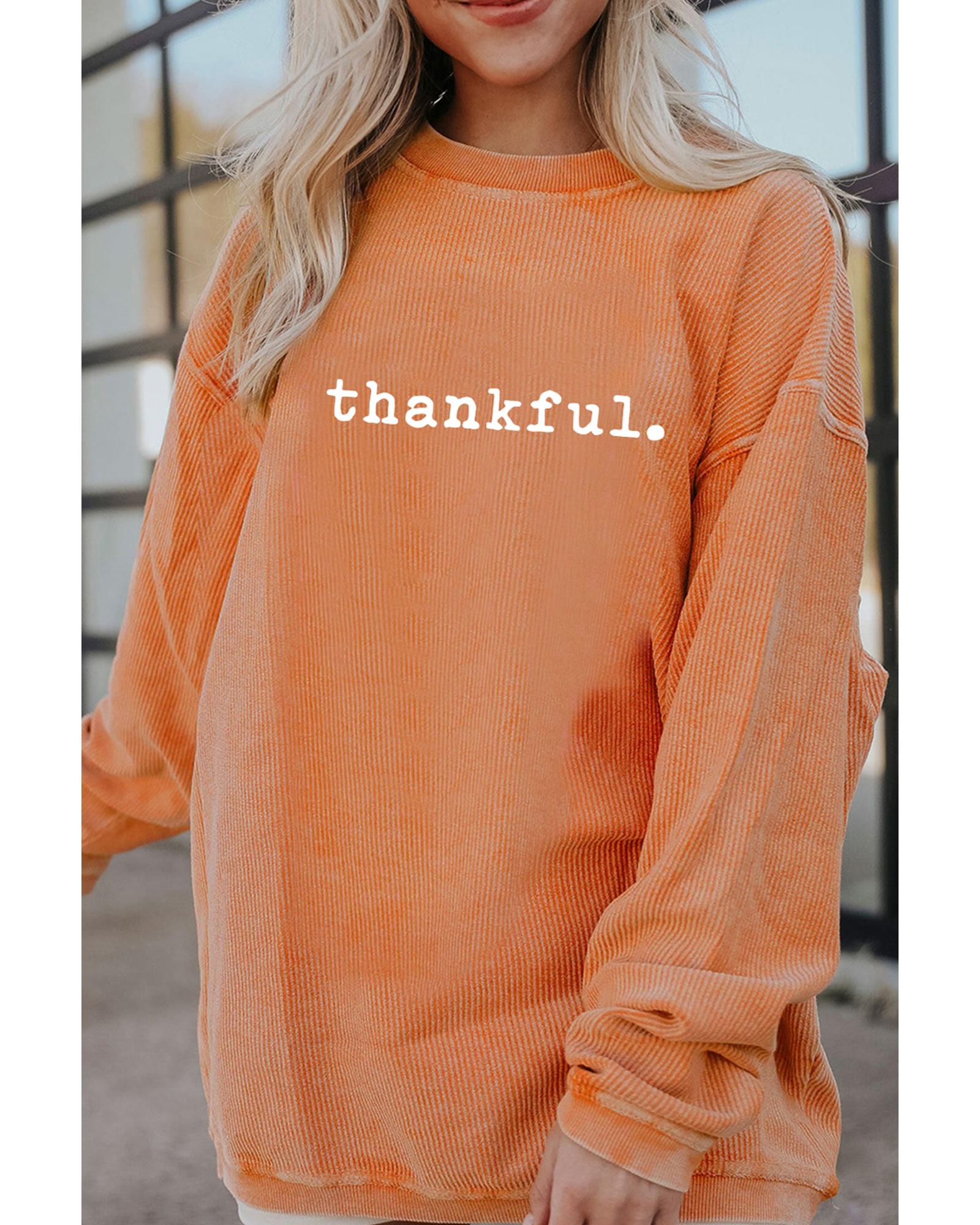 Orange Thankful Ribbed Crew Neck Thanksgiving Sweatshirt - XL 3