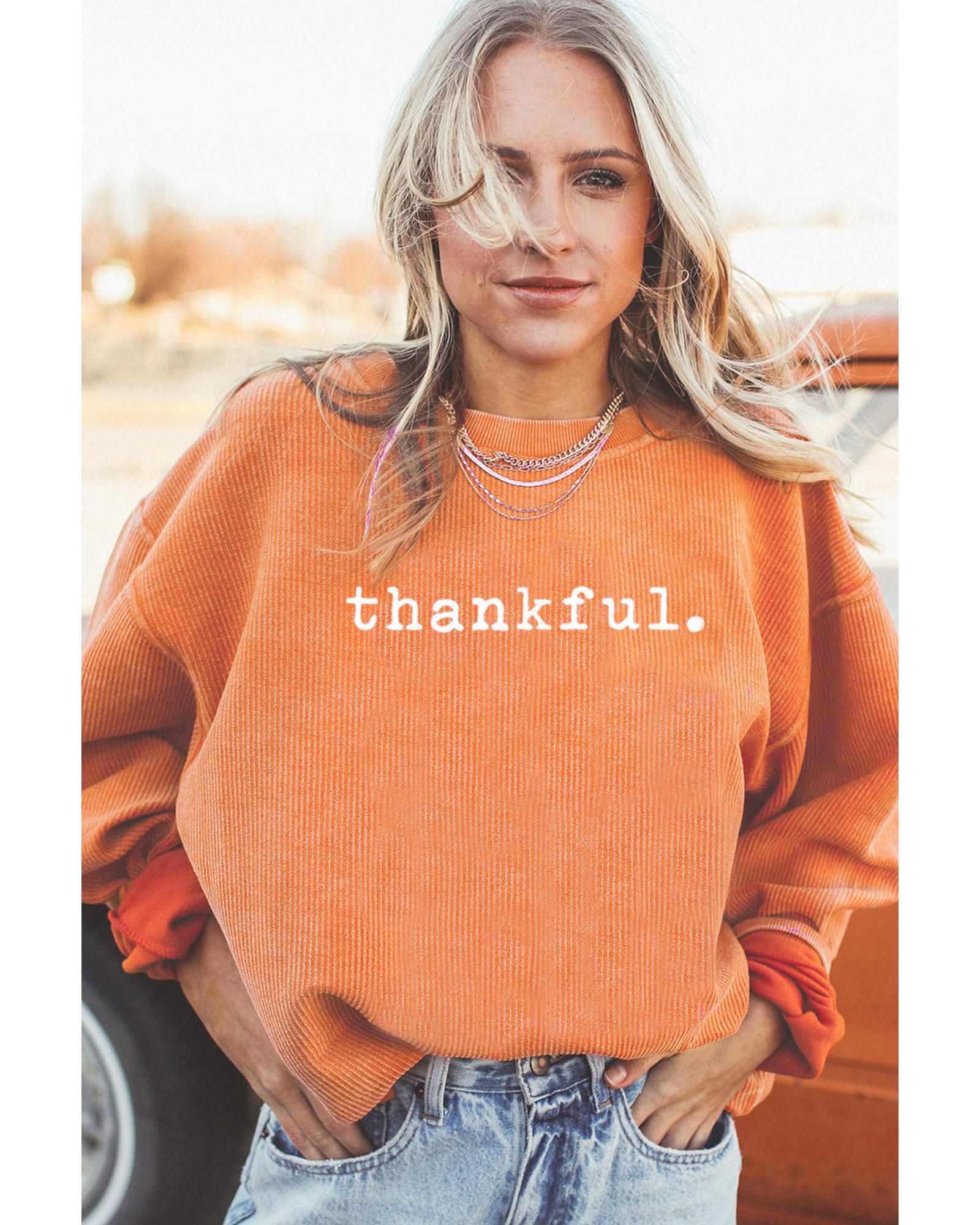 Orange Thankful Ribbed Crew Neck Thanksgiving Sweatshirt - XL 4