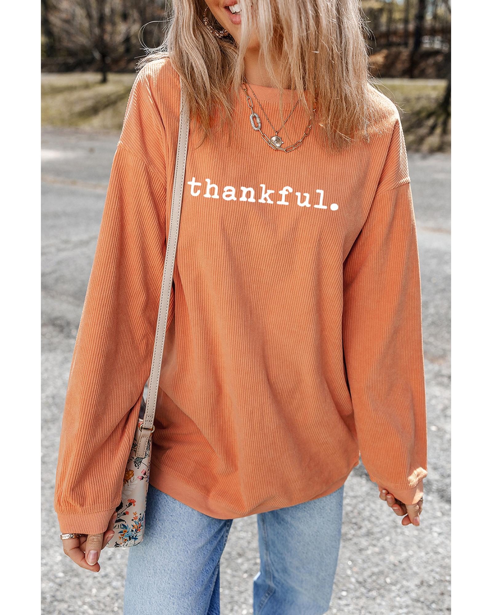 Orange Thankful Ribbed Crew Neck Thanksgiving Sweatshirt - XL 7