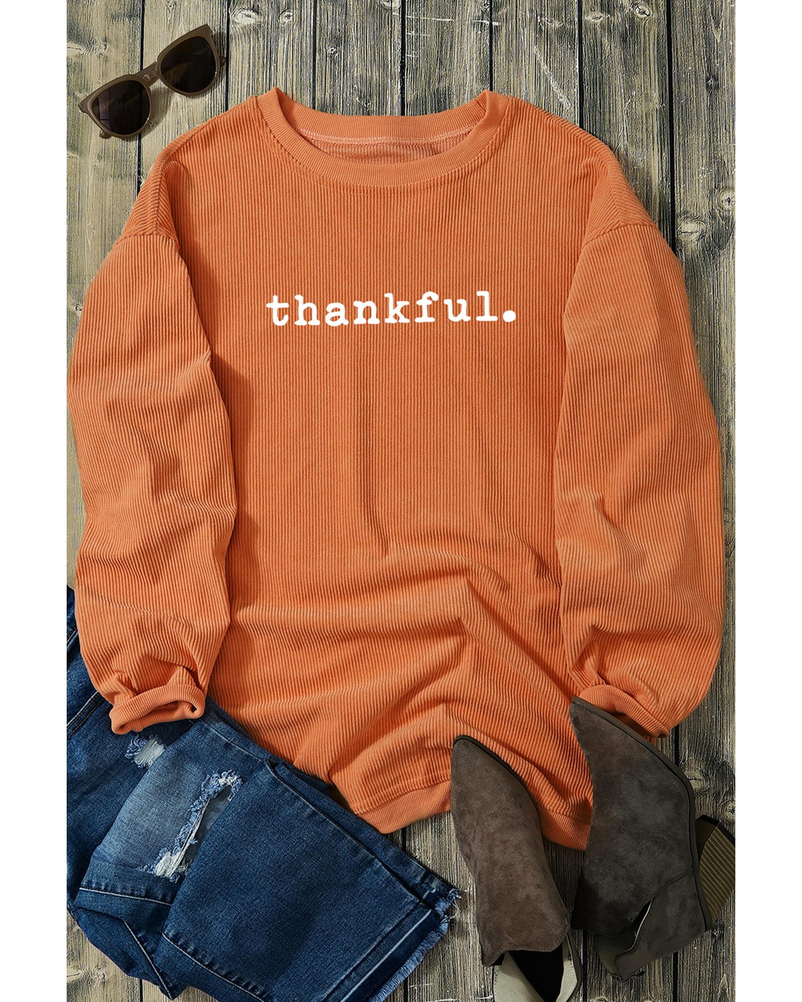 Orange Thankful Ribbed Crew Neck Thanksgiving Sweatshirt - XL 8