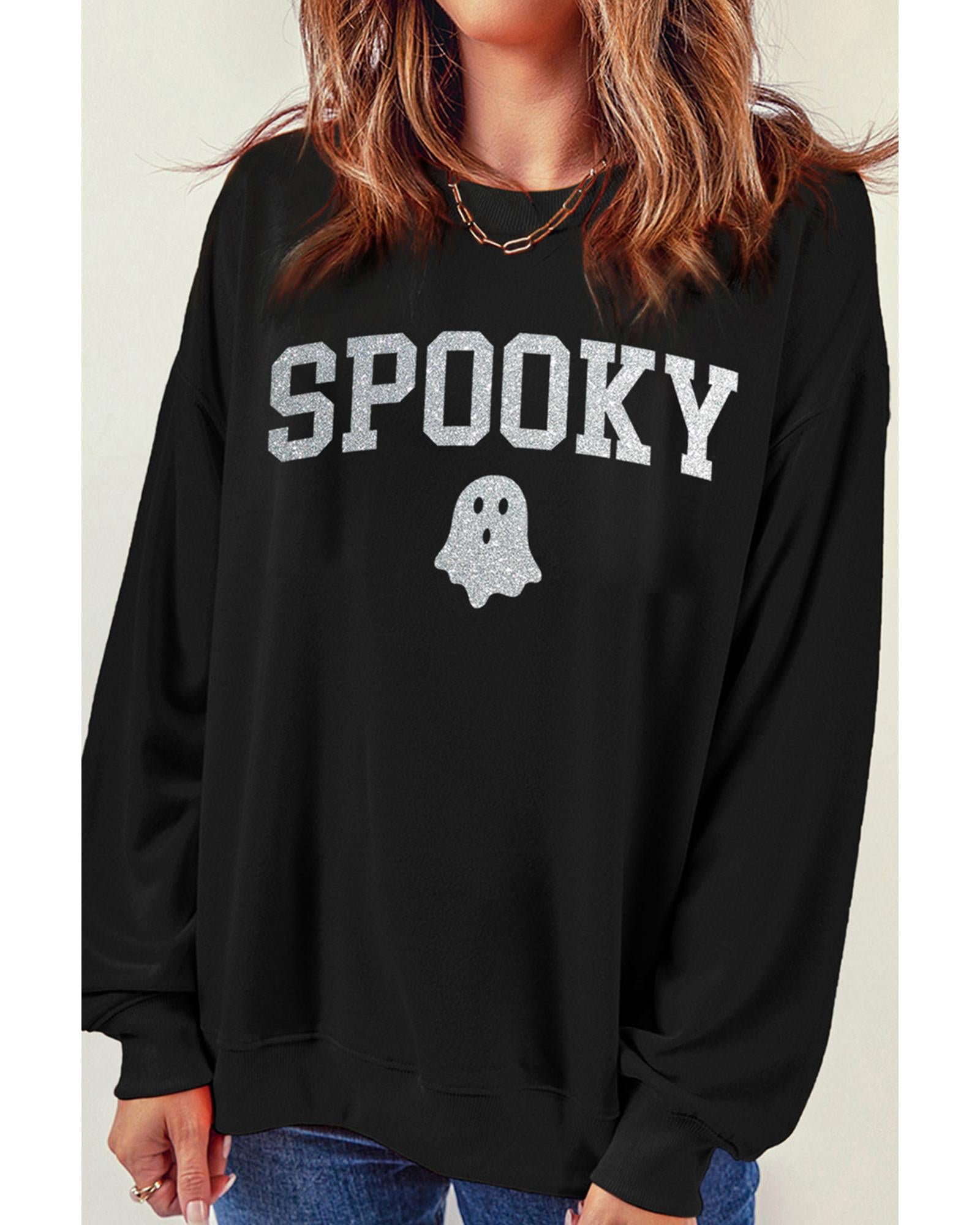 Black Glitter SPOOKY Ghost Pattern Crew Neck Halloween Sweatshirt - 2XL 4