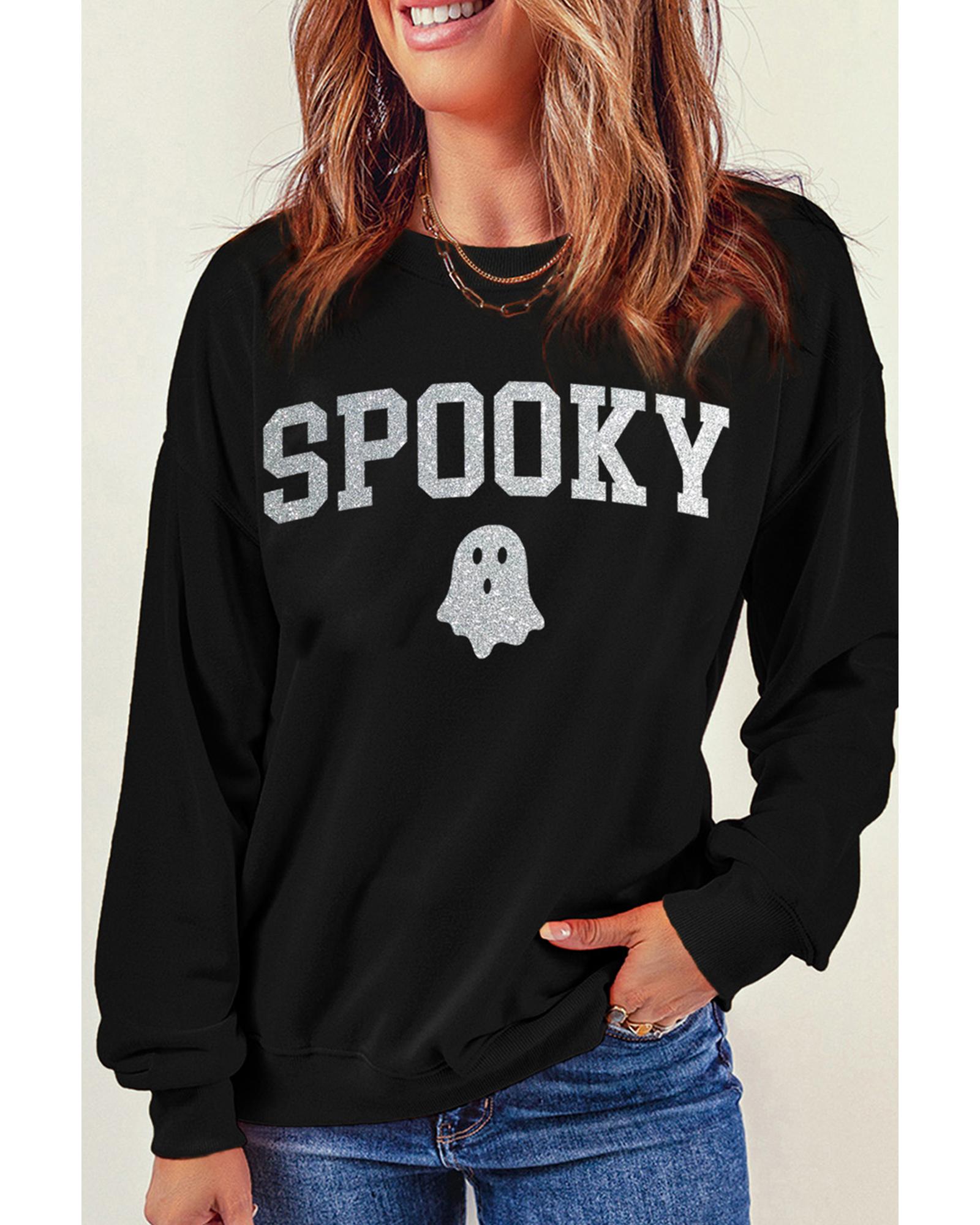 Black Glitter SPOOKY Ghost Pattern Crew Neck Halloween Sweatshirt - 2XL 6