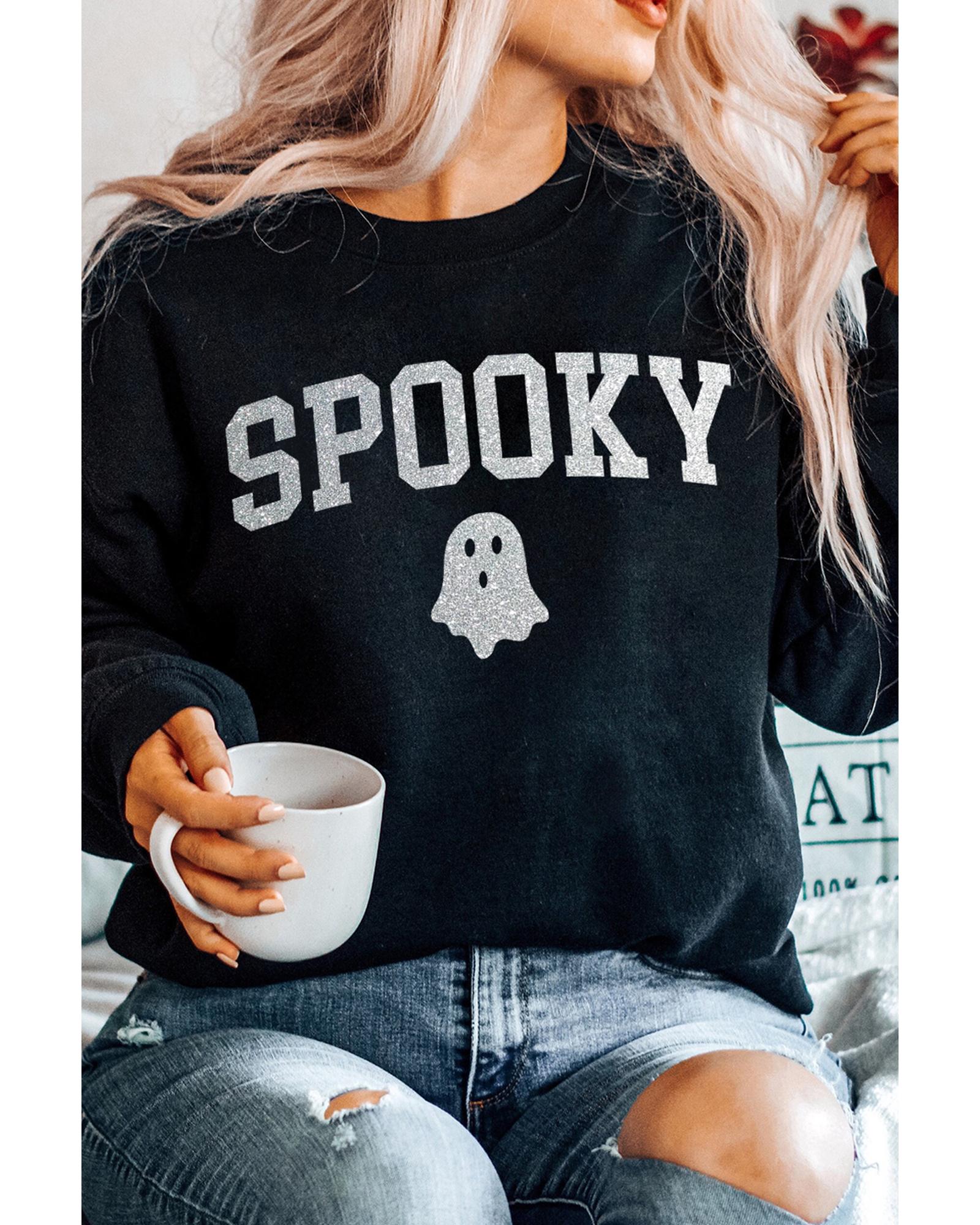 Black Glitter SPOOKY Ghost Pattern Crew Neck Halloween Sweatshirt - 2XL 7