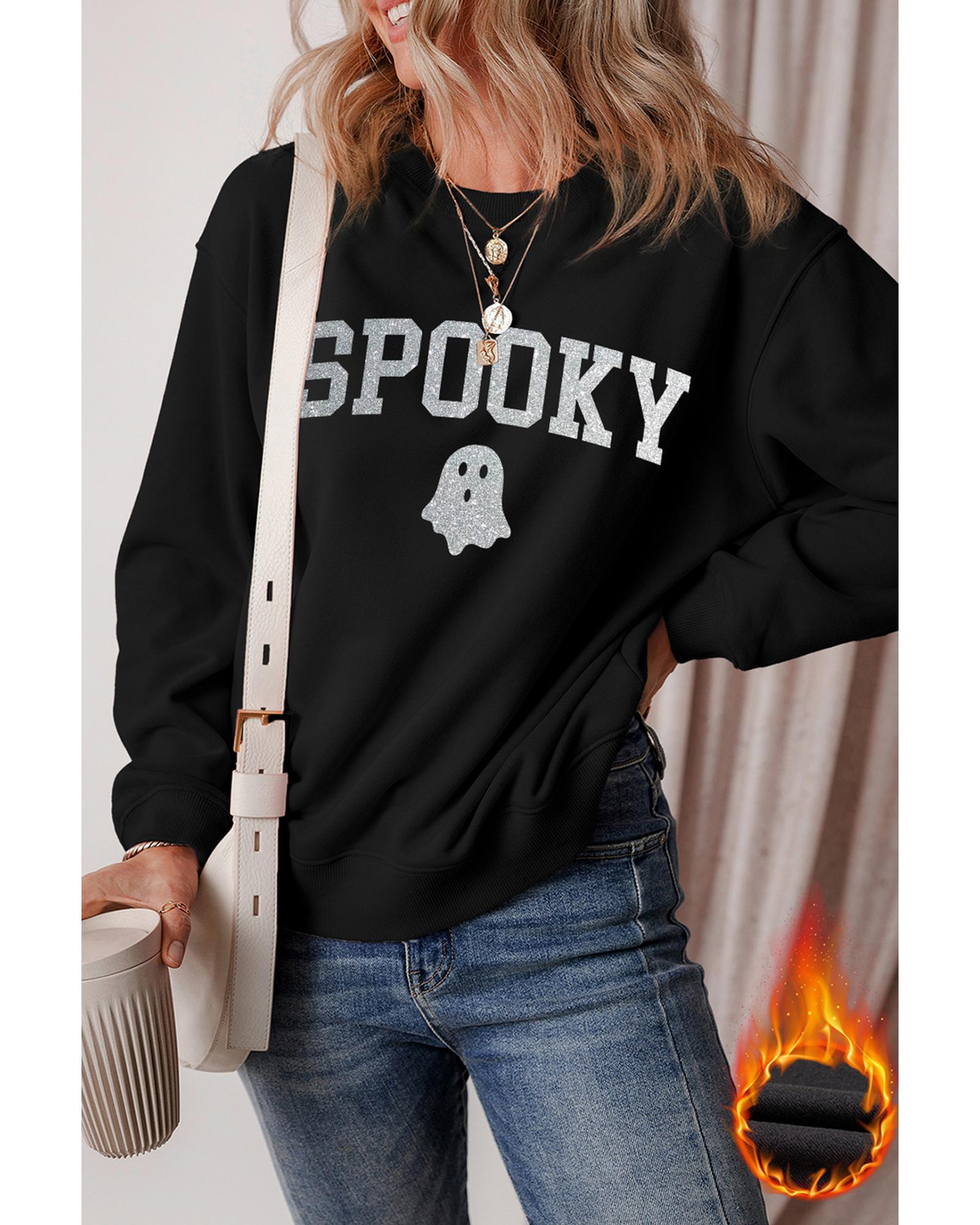 Black Glitter SPOOKY Ghost Pattern Crew Neck Halloween Sweatshirt - 2XL 8