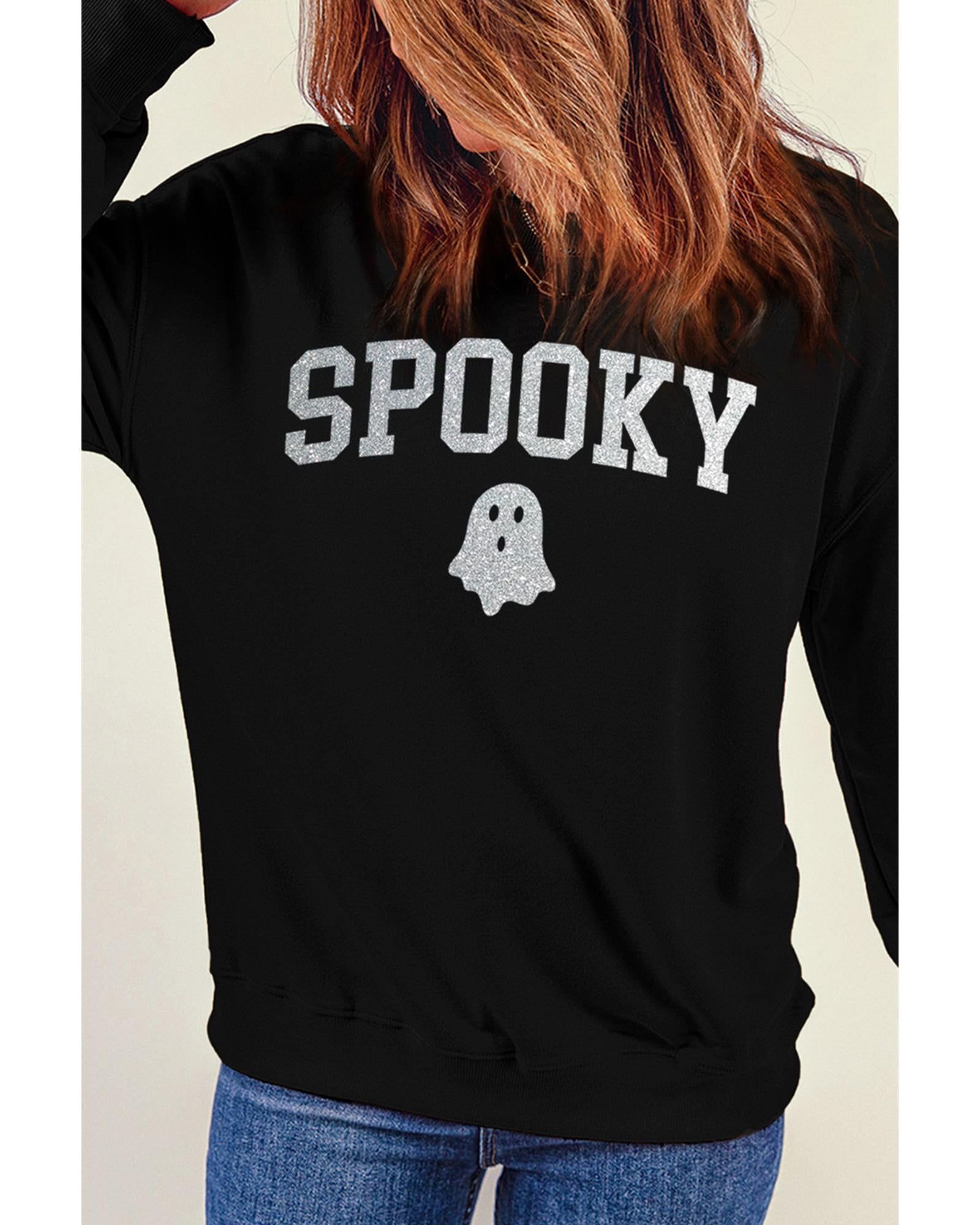 Black Glitter SPOOKY Ghost Pattern Crew Neck Halloween Sweatshirt - S 3