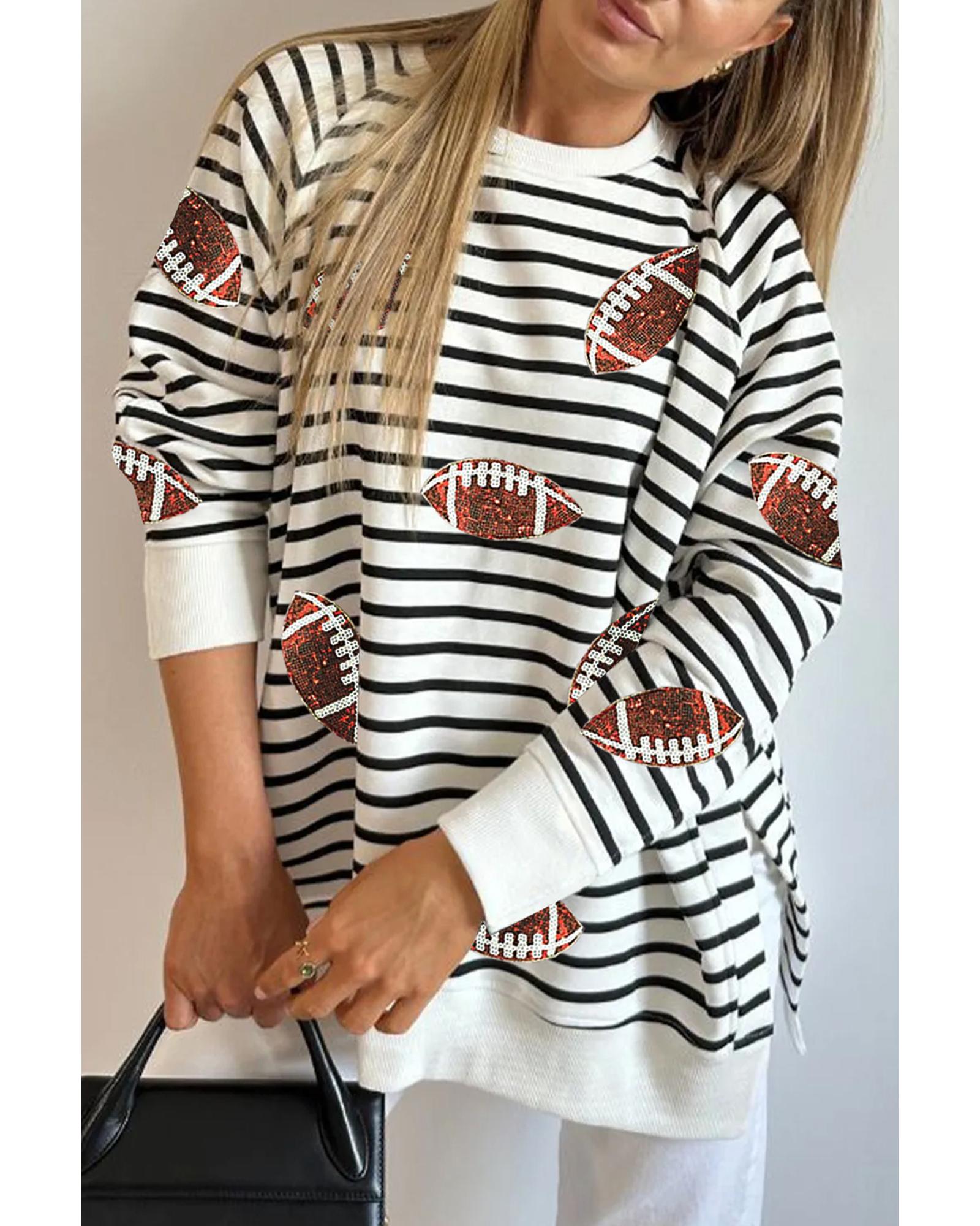Black Stripe Sequin Rugby Football Side Slits Oversized Sweatshirt - L 4