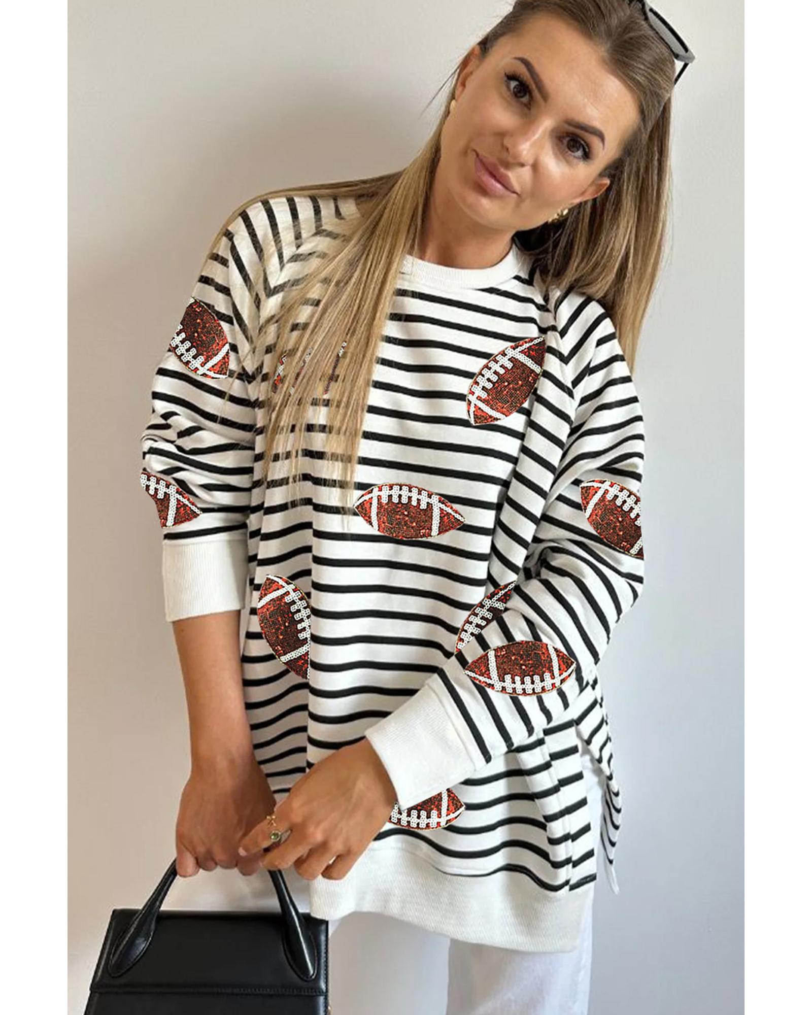 Black Stripe Sequin Rugby Football Side Slits Oversized Sweatshirt - M 3