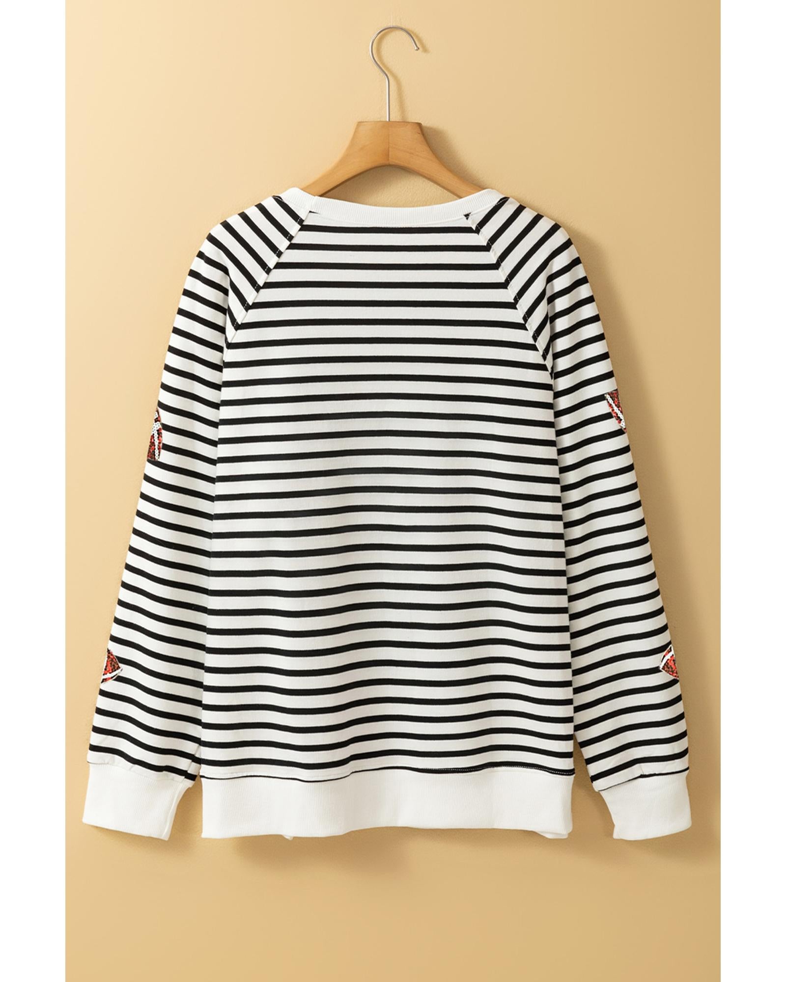 Black Stripe Sequin Rugby Football Side Slits Oversized Sweatshirt - M 5