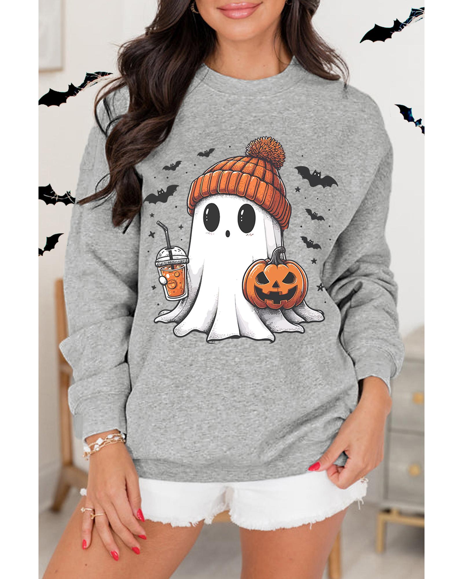 Gray Halloween Ghost Print Crewneck Drop Shoulder Sweatshirt - 2XL 4