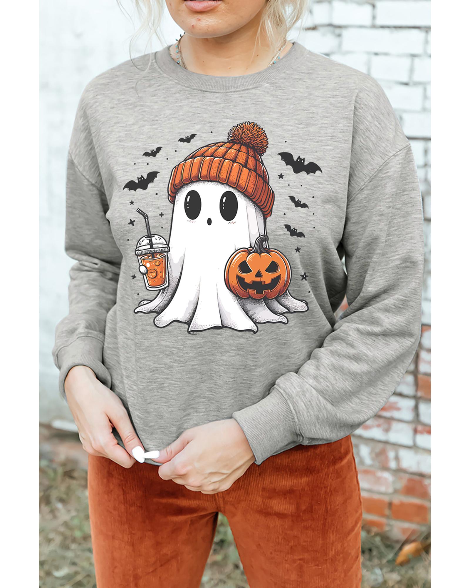 Gray Halloween Ghost Print Crewneck Drop Shoulder Sweatshirt - 2XL 6
