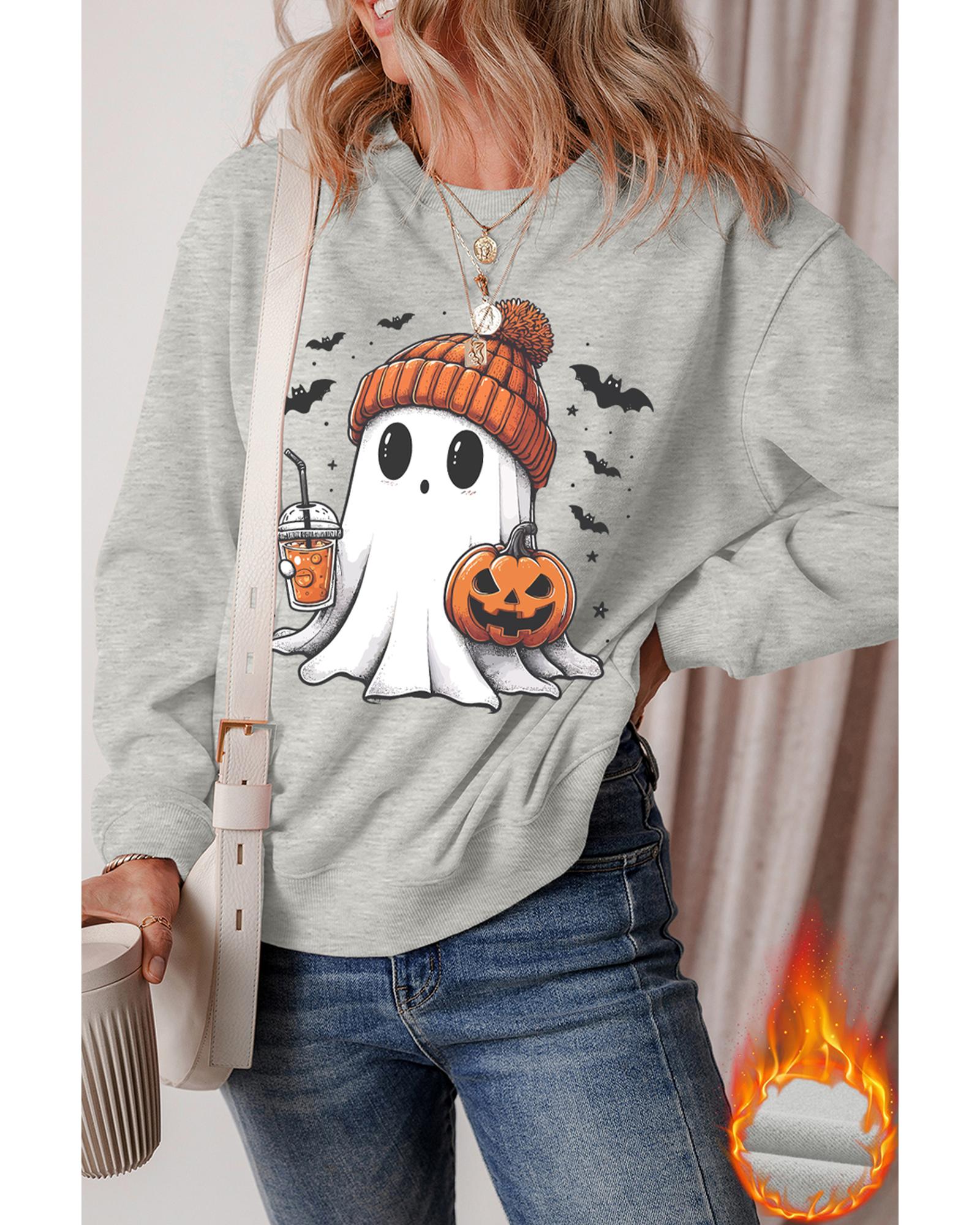 Gray Halloween Ghost Print Crewneck Drop Shoulder Sweatshirt - S 5