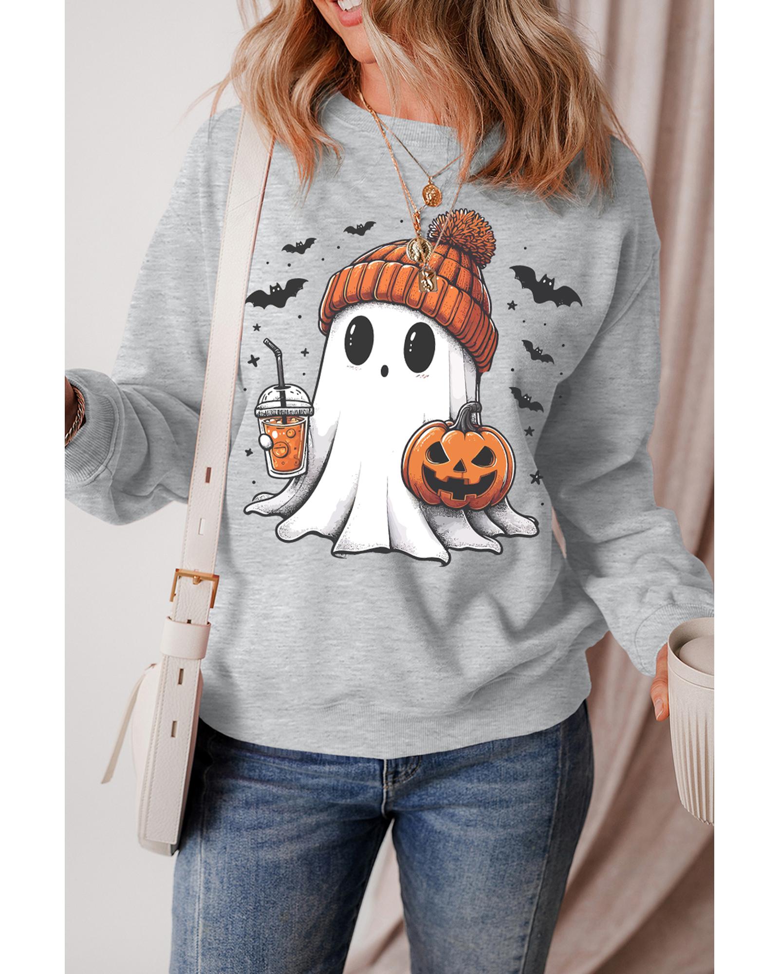 Gray Halloween Ghost Print Crewneck Drop Shoulder Sweatshirt - S 7