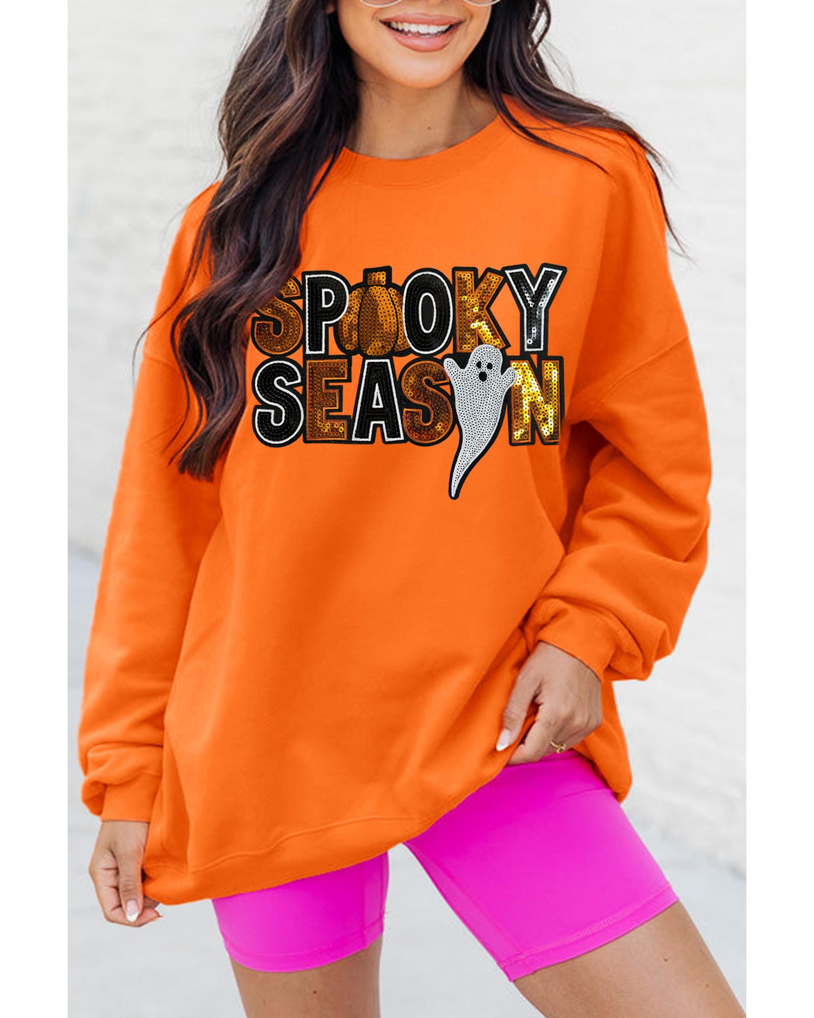 Russet Orange Sequin SPOOKY SEASON Ghost Pattern Halloween Pullover Sweatshirt - 2XL 7