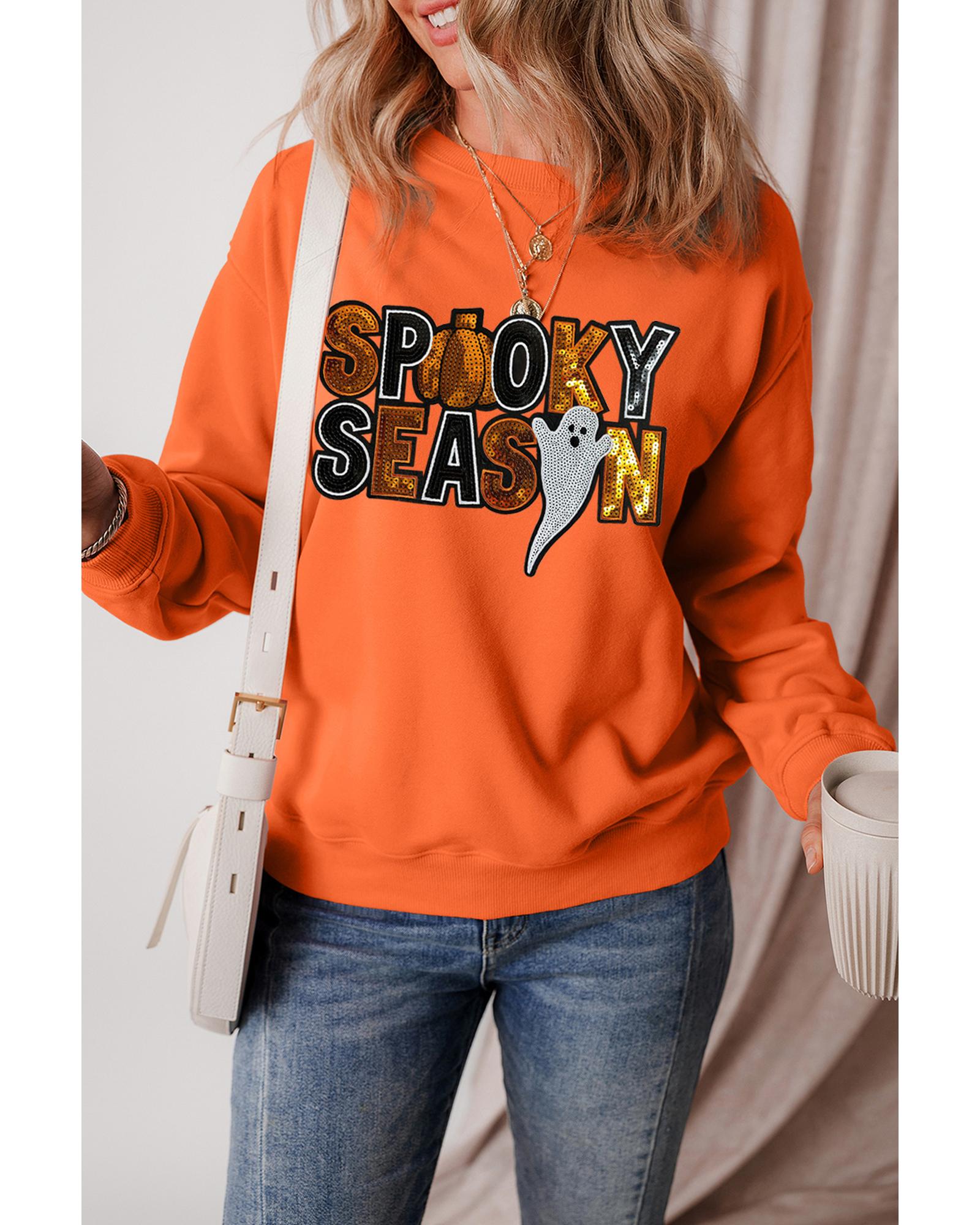 Russet Orange Sequin SPOOKY SEASON Ghost Pattern Halloween Pullover Sweatshirt - 2XL 9