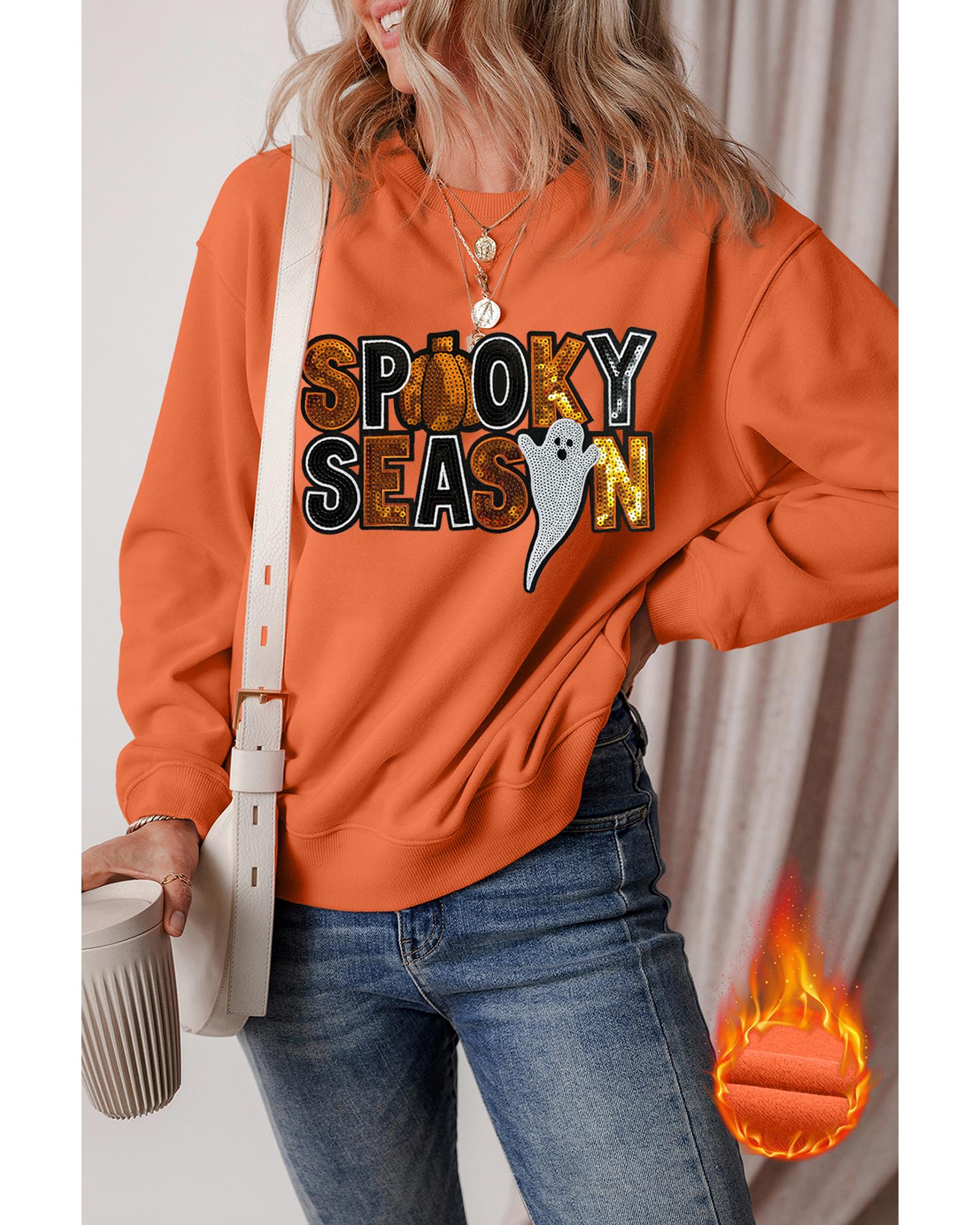 Russet Orange Sequin SPOOKY SEASON Ghost Pattern Halloween Pullover Sweatshirt - 2XL 10