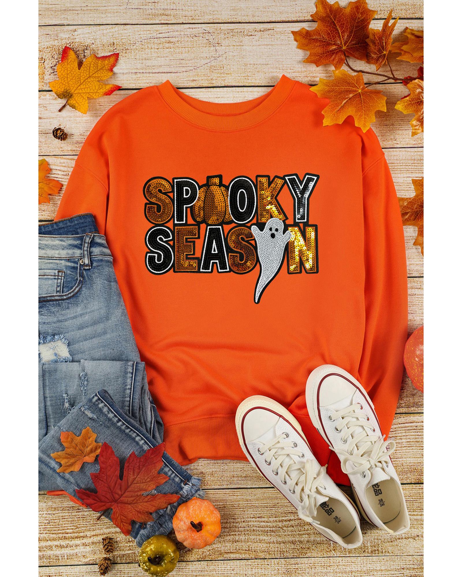 Russet Orange Sequin SPOOKY SEASON Ghost Pattern Halloween Pullover Sweatshirt - M 6