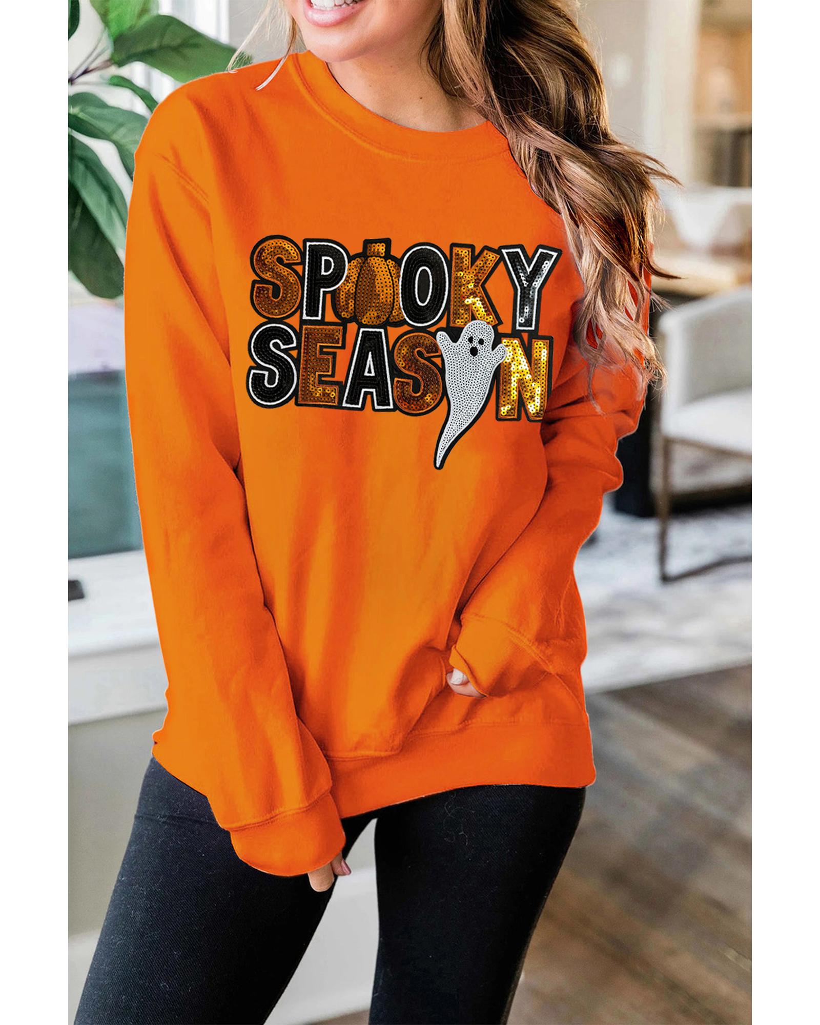Russet Orange Sequin SPOOKY SEASON Ghost Pattern Halloween Pullover Sweatshirt - M 8
