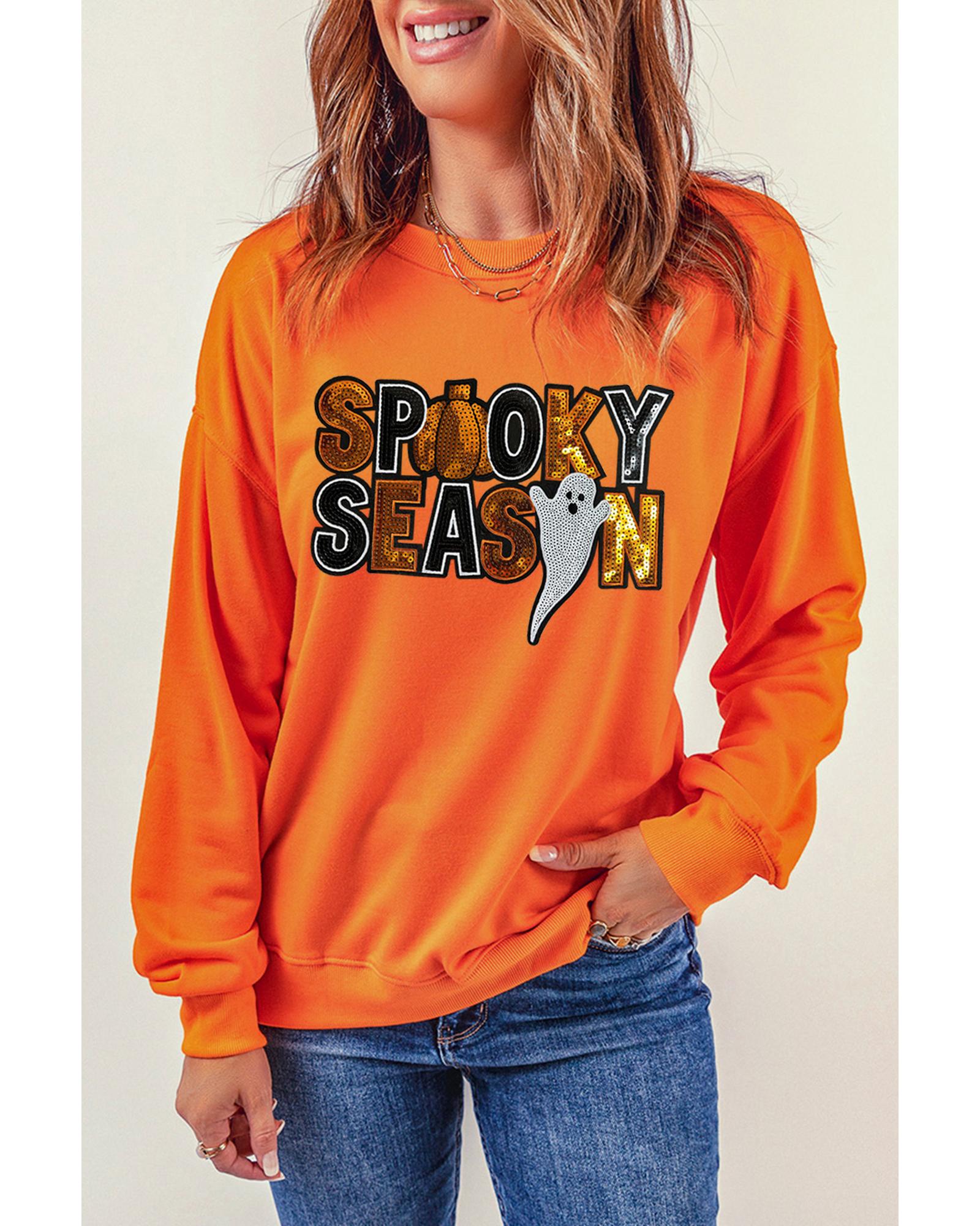 Russet Orange Sequin SPOOKY SEASON Ghost Pattern Halloween Pullover Sweatshirt - S