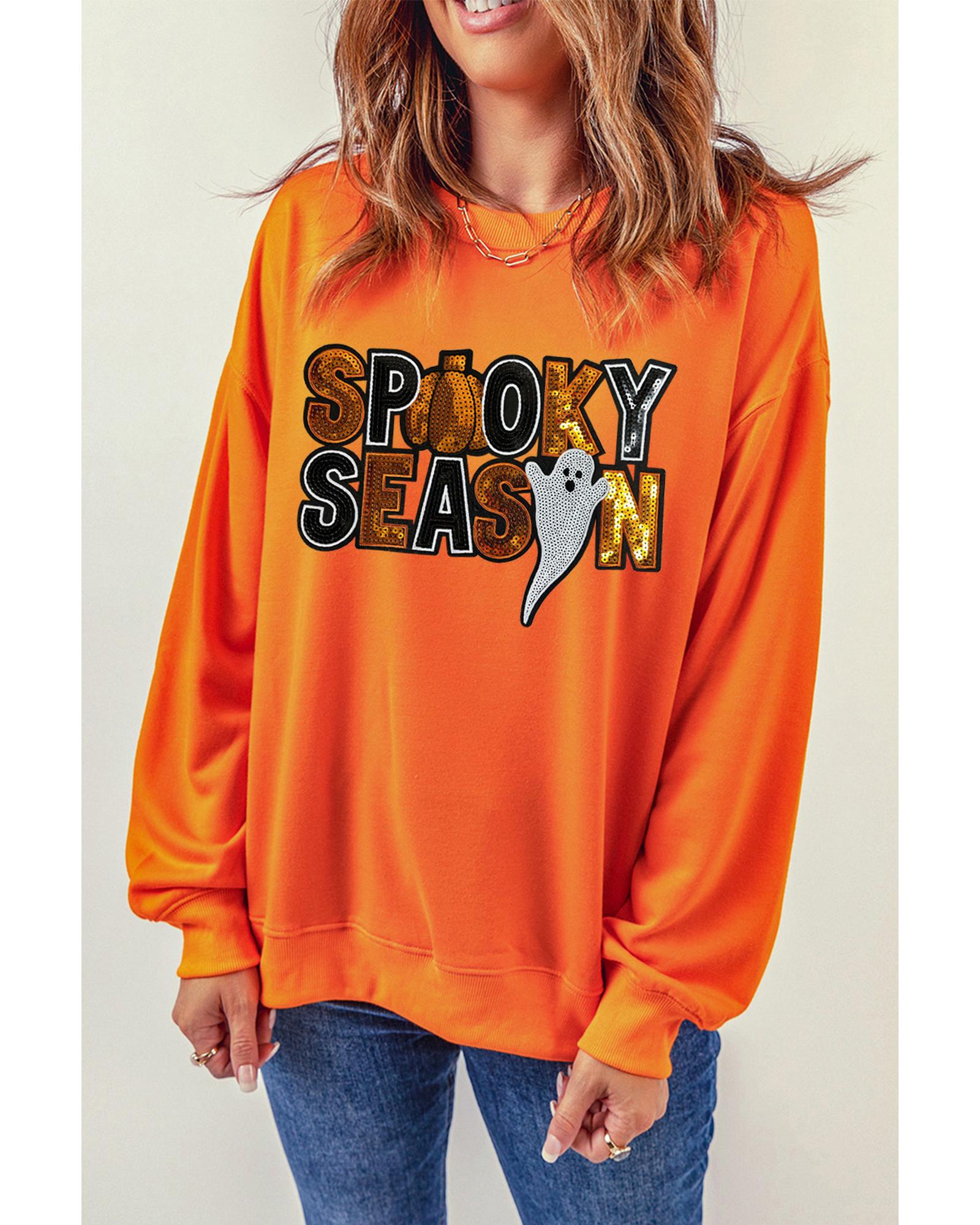 Russet Orange Sequin SPOOKY SEASON Ghost Pattern Halloween Pullover Sweatshirt - S 3