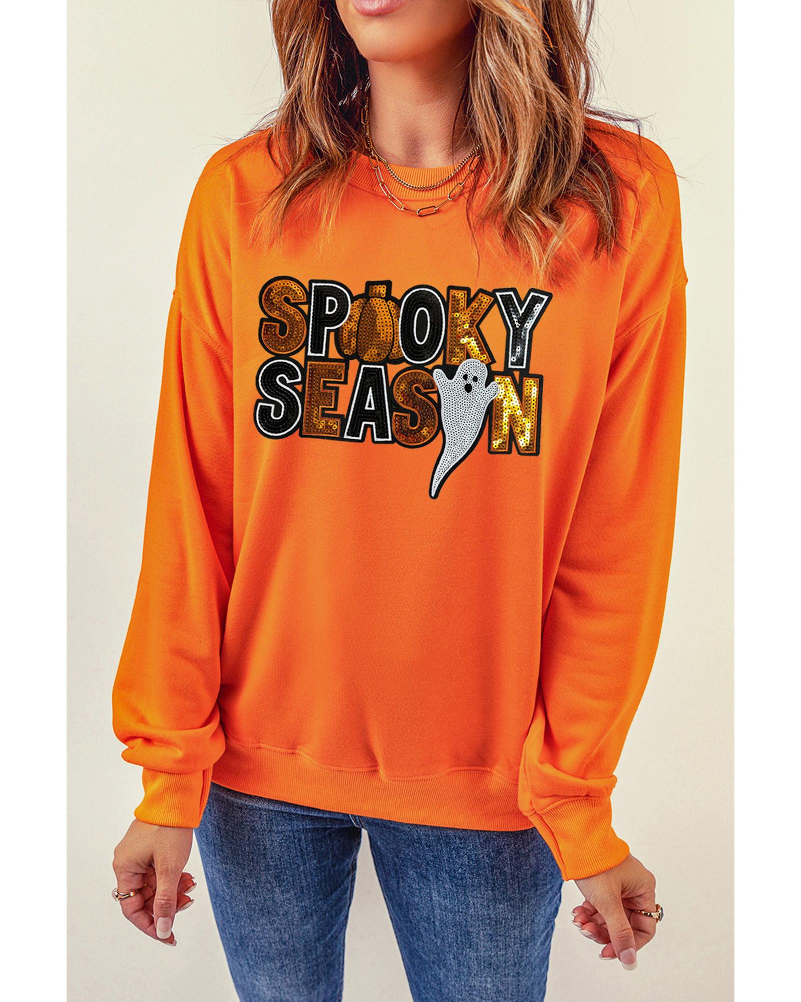 Russet Orange Sequin SPOOKY SEASON Ghost Pattern Halloween Pullover Sweatshirt - S 4