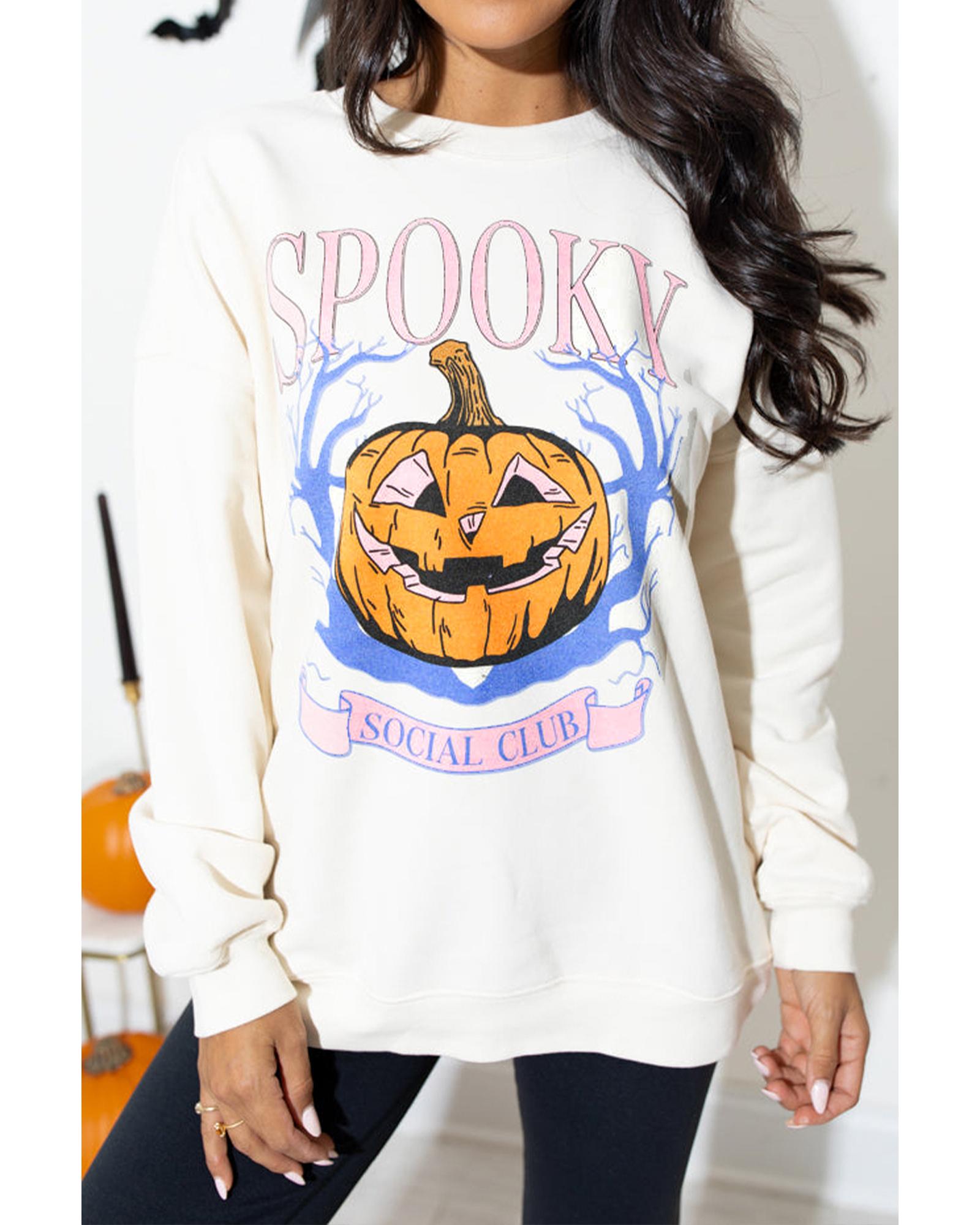 Beige SPOOKY SOCIAL CLUB Halloween Pumpkin Face Graphic Sweatshirt - XL