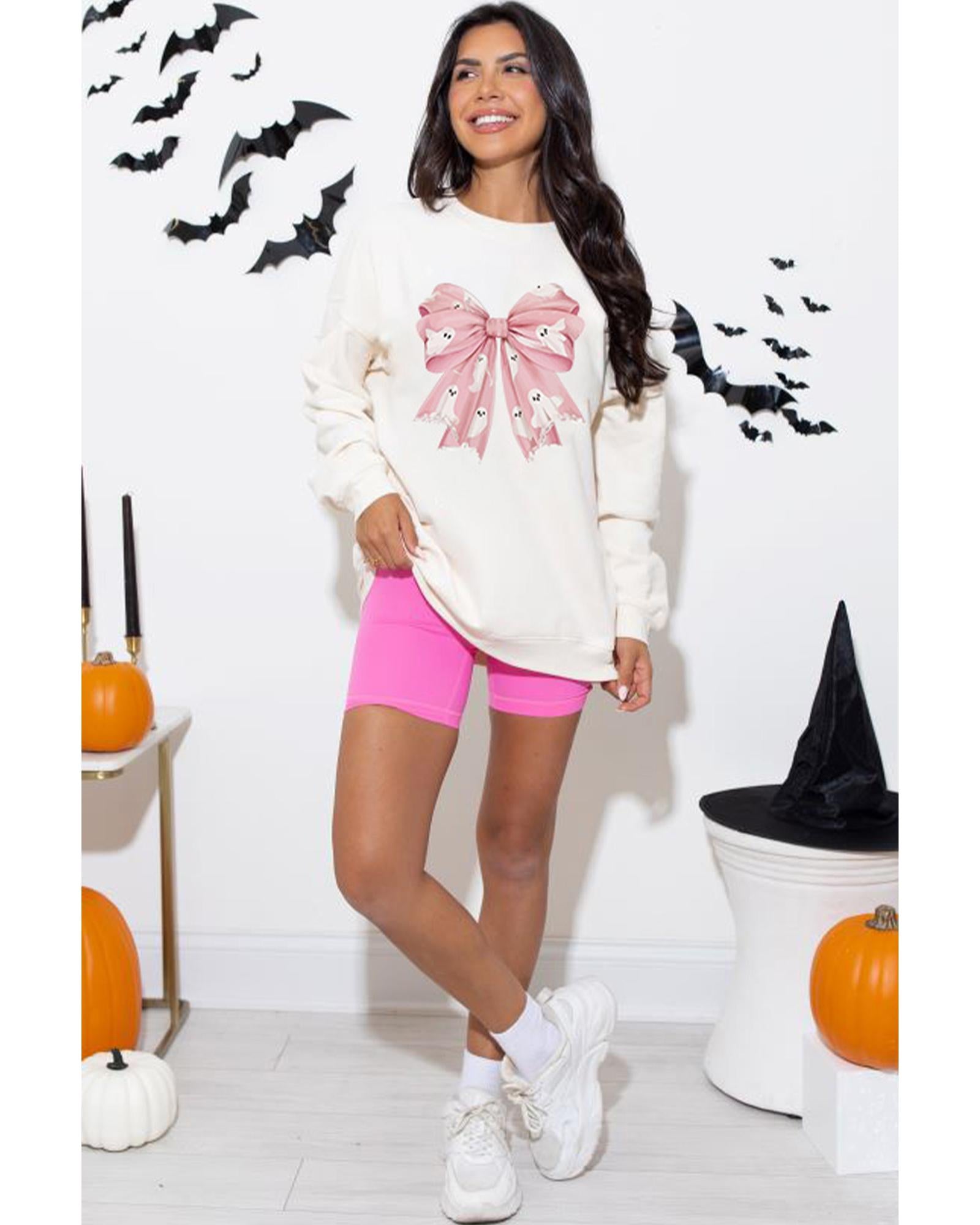 Beige Ghost Bowknot Graphic Crew Neck Drop Shoulder Sweatshirt - 2XL