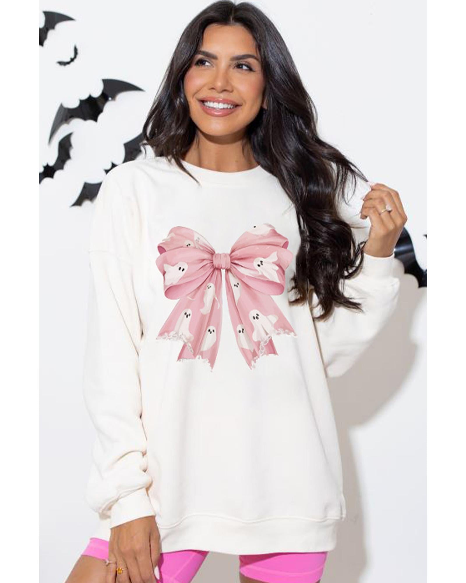 Beige Ghost Bowknot Graphic Crew Neck Drop Shoulder Sweatshirt - 2XL