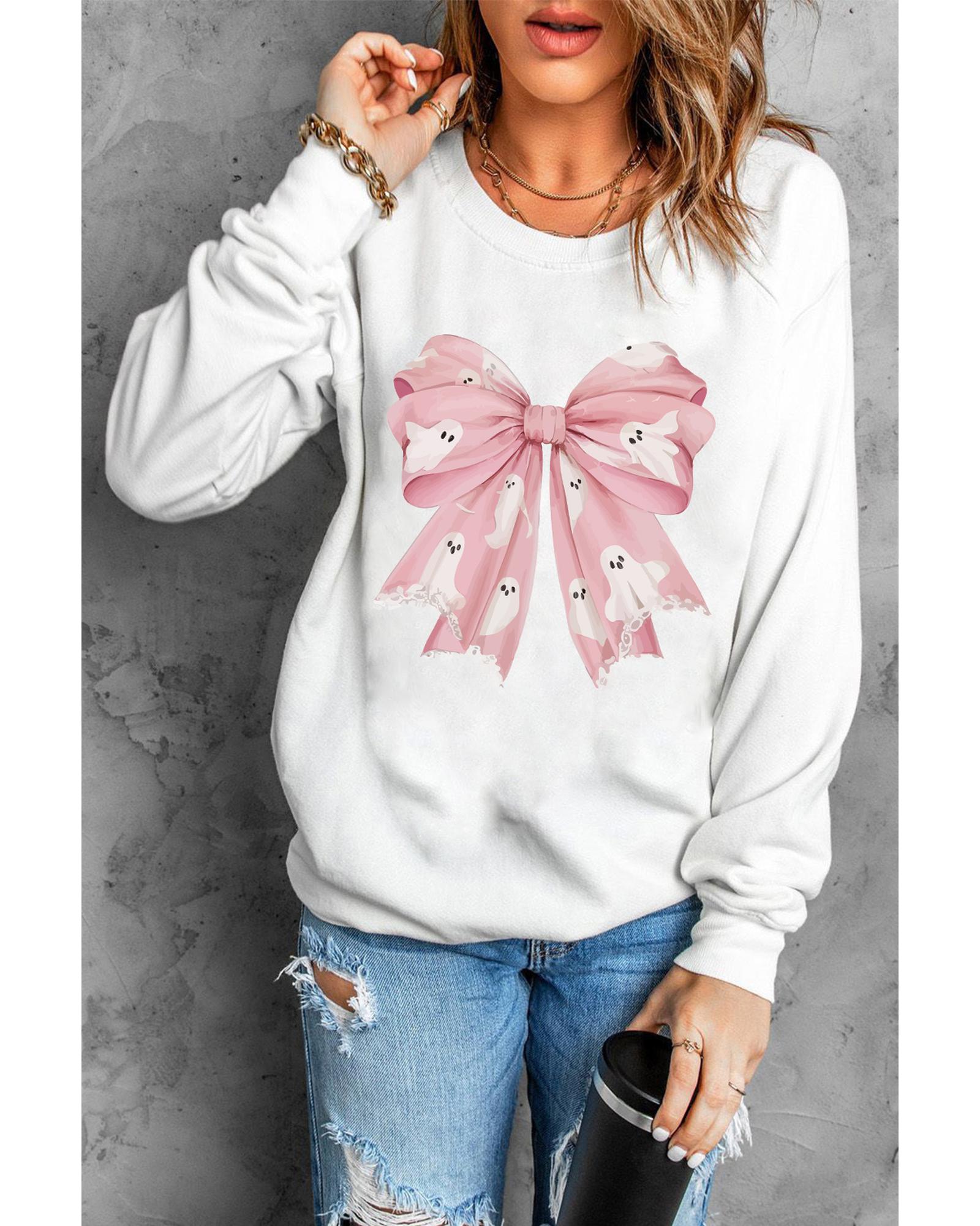 Beige Ghost Bowknot Graphic Crew Neck Drop Shoulder Sweatshirt - 2XL 3