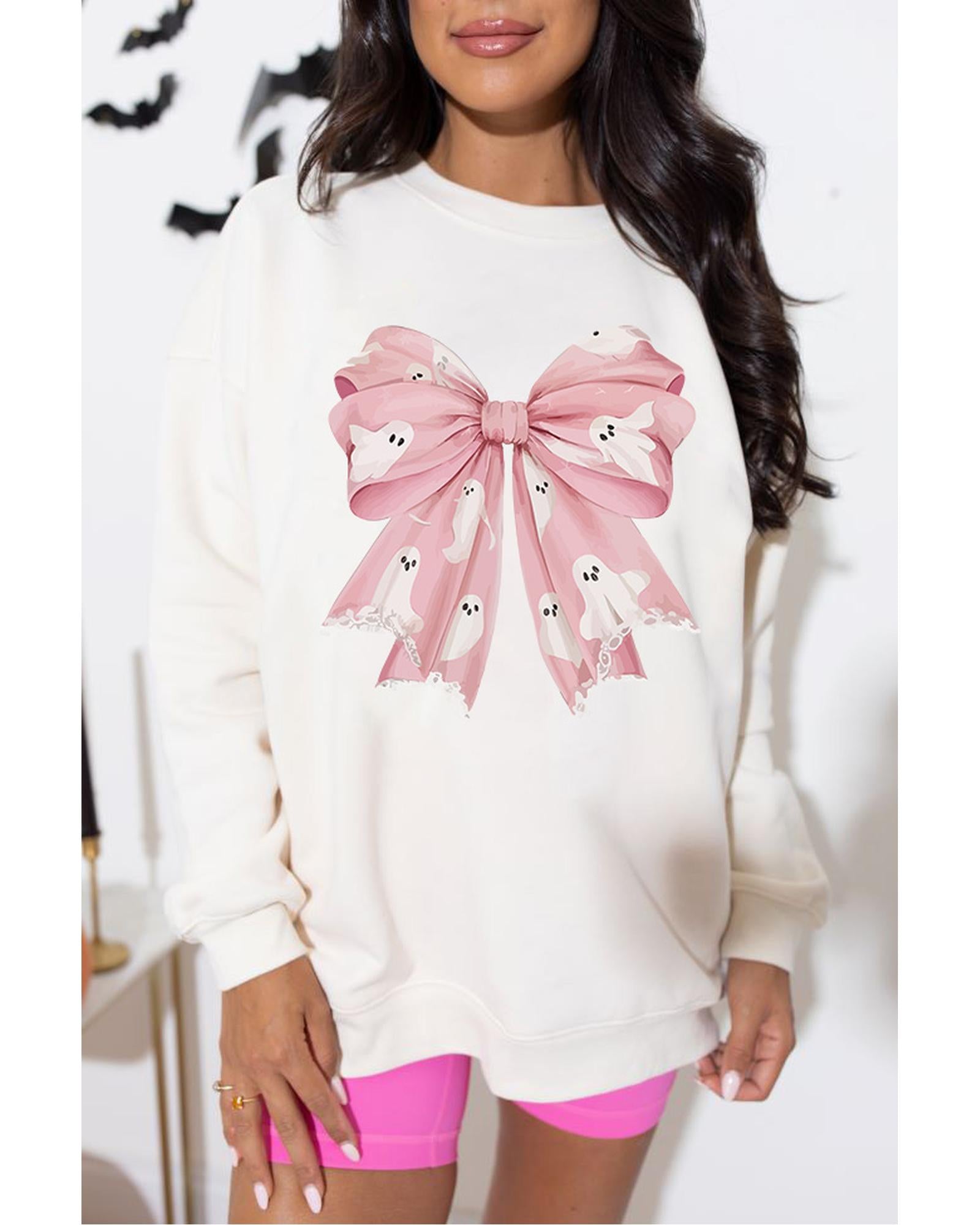 Beige Ghost Bowknot Graphic Crew Neck Drop Shoulder Sweatshirt - 2XL 4