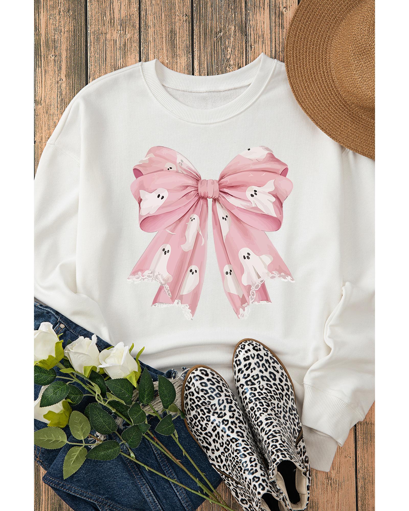 Beige Ghost Bowknot Graphic Crew Neck Drop Shoulder Sweatshirt - XL 6