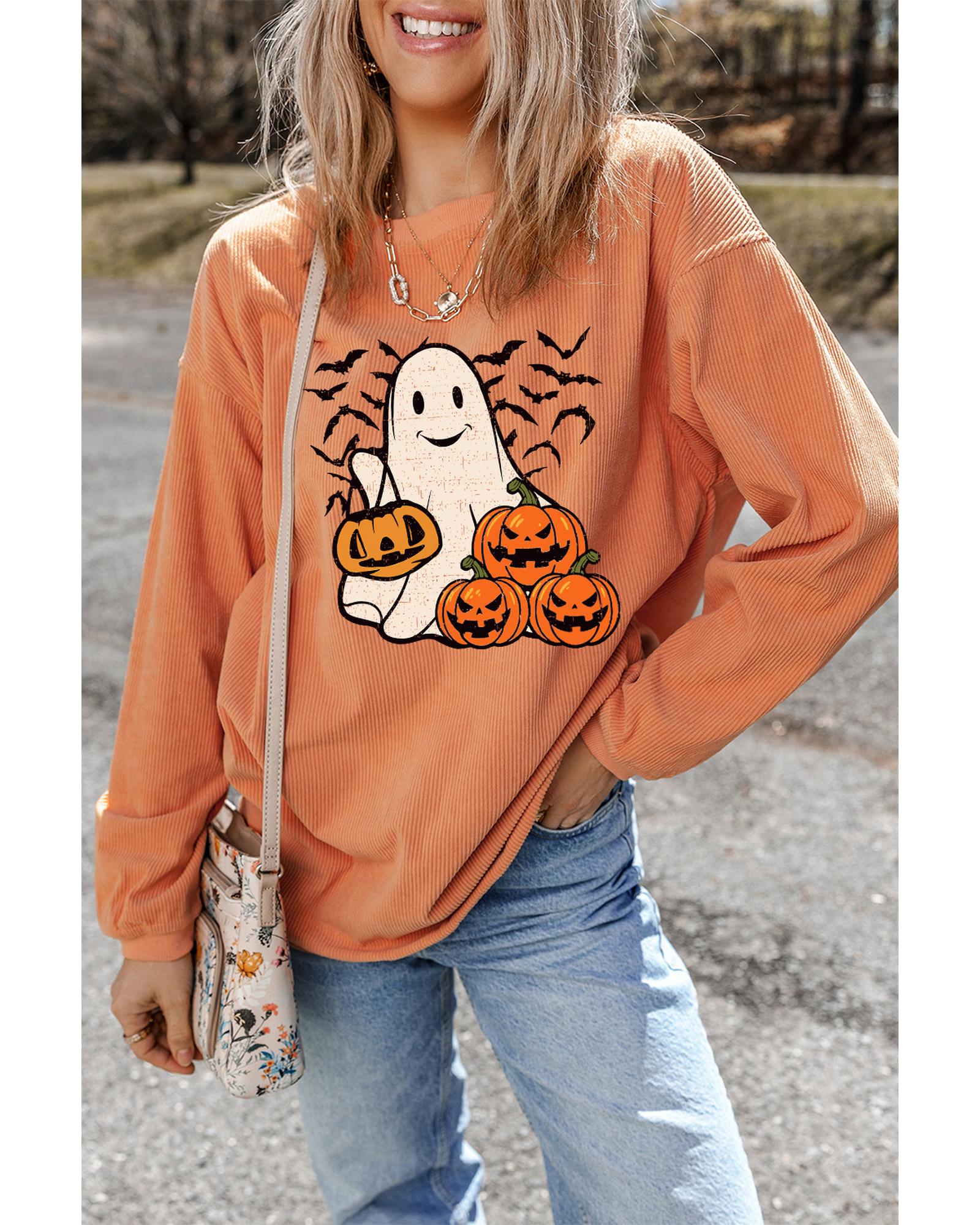 Orange Halloween Ghost Pumpkin Bat Print Corded Pullover Sweatshirt - L 4