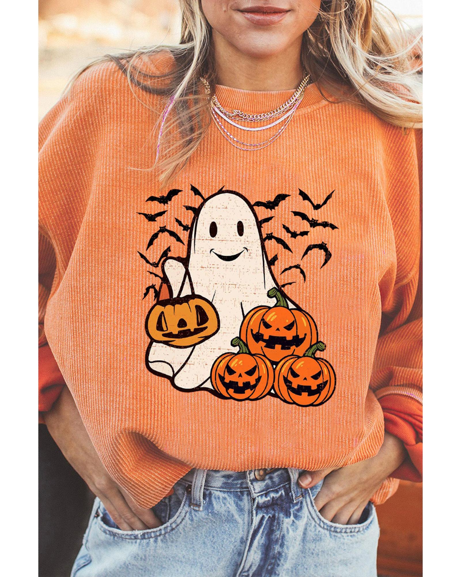 Orange Halloween Ghost Pumpkin Bat Print Corded Pullover Sweatshirt - L 7