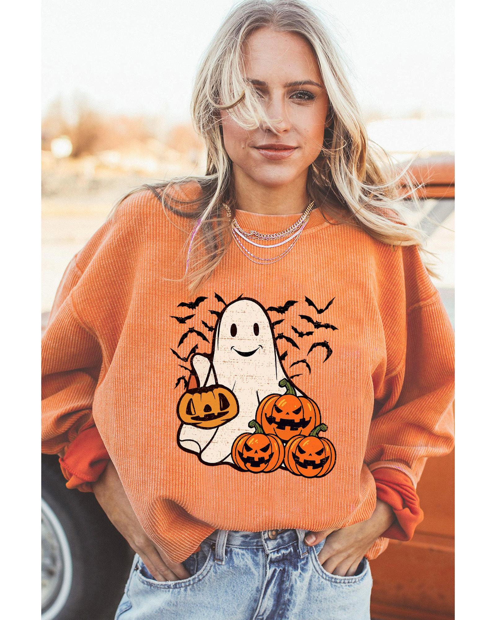 Orange Halloween Ghost Pumpkin Bat Print Corded Pullover Sweatshirt - M 3