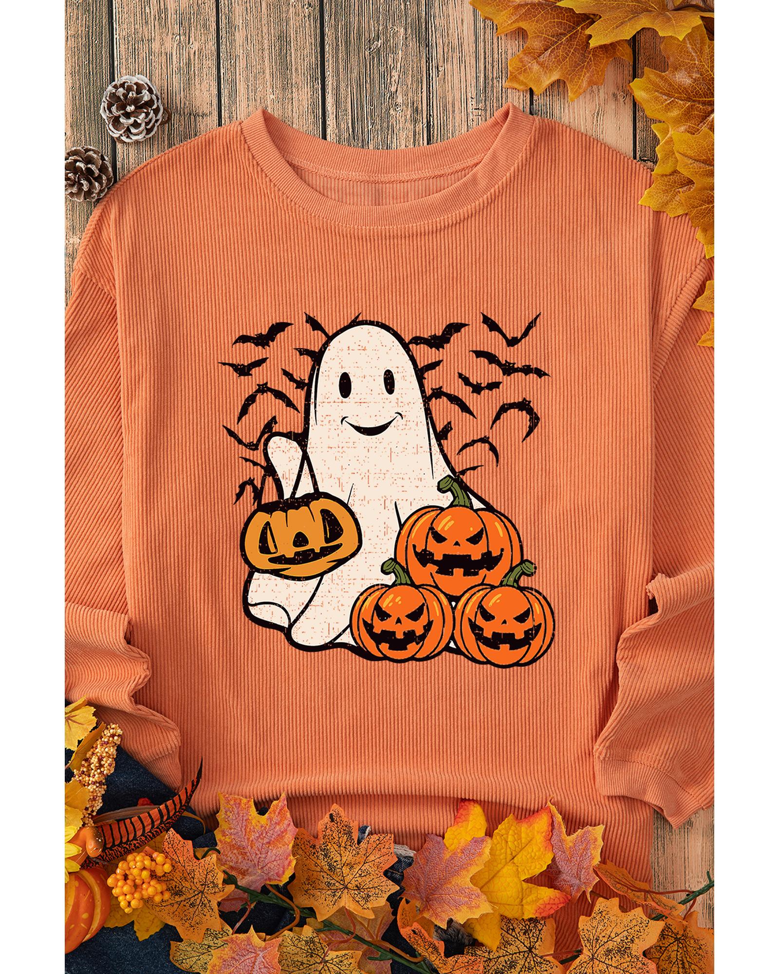Orange Halloween Ghost Pumpkin Bat Print Corded Pullover Sweatshirt - M 6