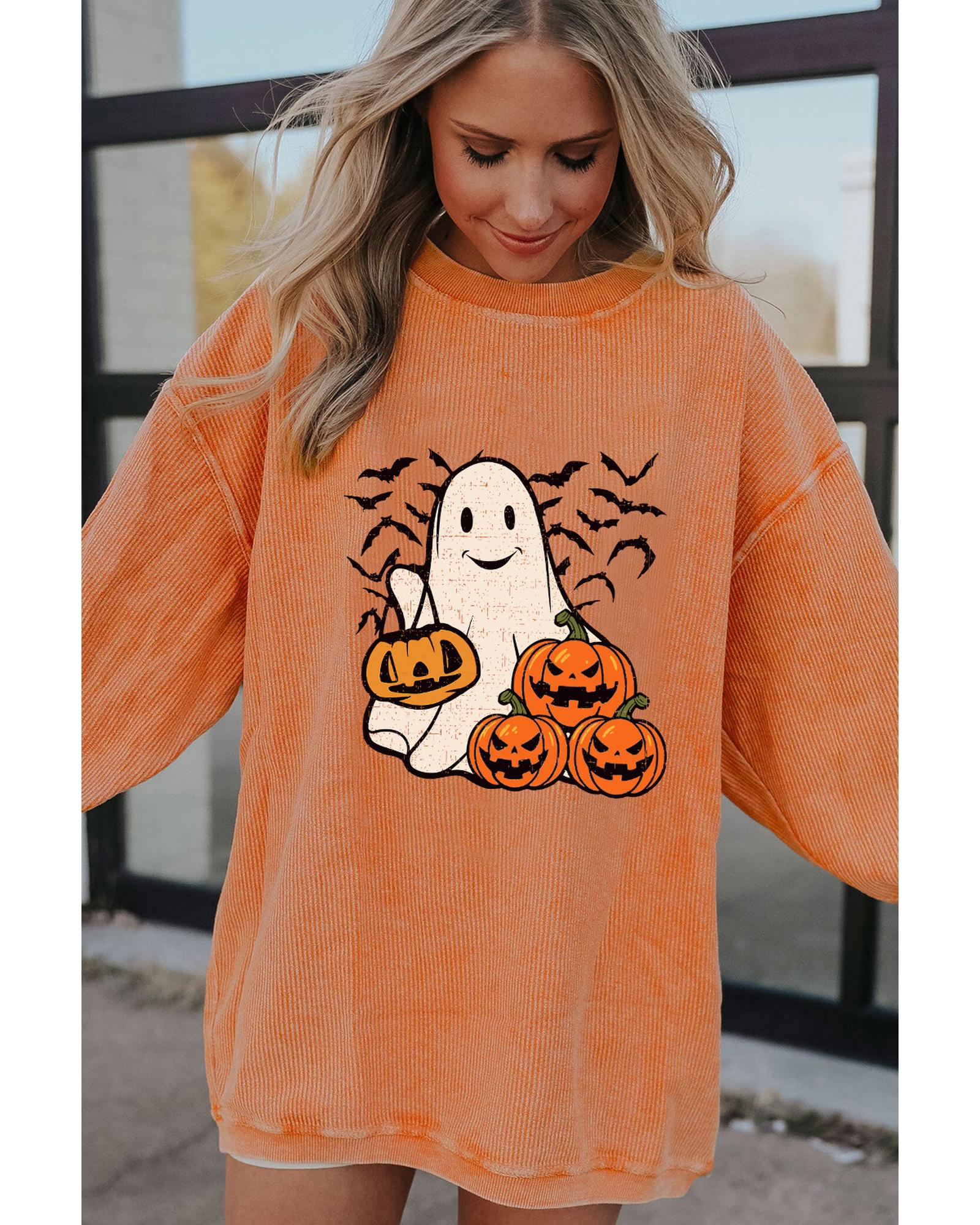 Orange Halloween Ghost Pumpkin Bat Print Corded Pullover Sweatshirt - M 8