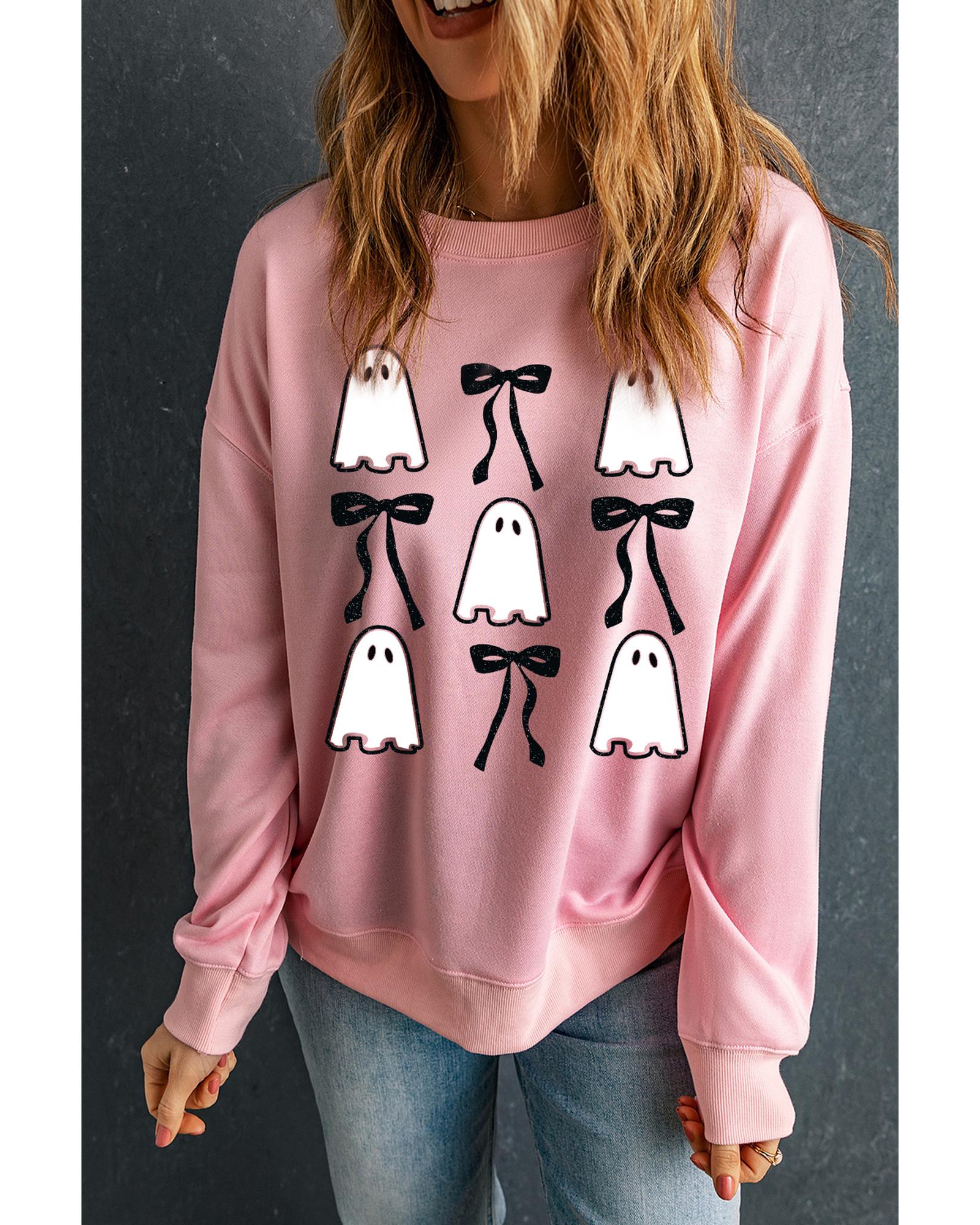 Pink Ghost Bowknot Printed Drop Shoulder Halloween Sweatshirt - M 3