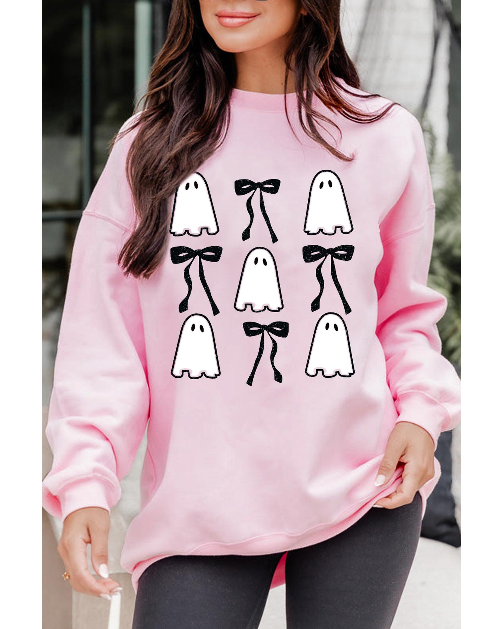 Pink Ghost Bowknot Printed Drop Shoulder Halloween Sweatshirt - M 4