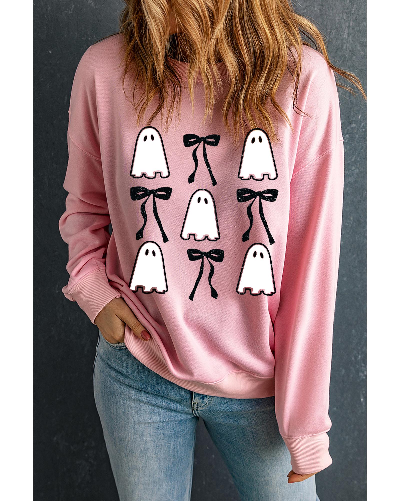Pink Ghost Bowknot Printed Drop Shoulder Halloween Sweatshirt - M 6