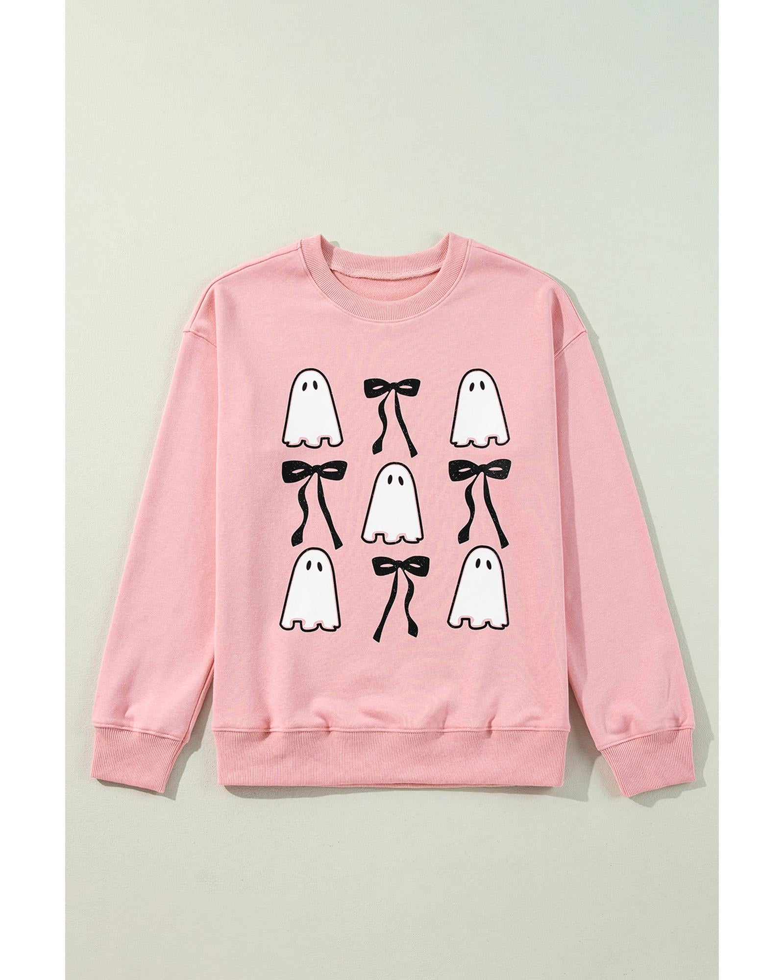 Pink Ghost Bowknot Printed Drop Shoulder Halloween Sweatshirt - M 8