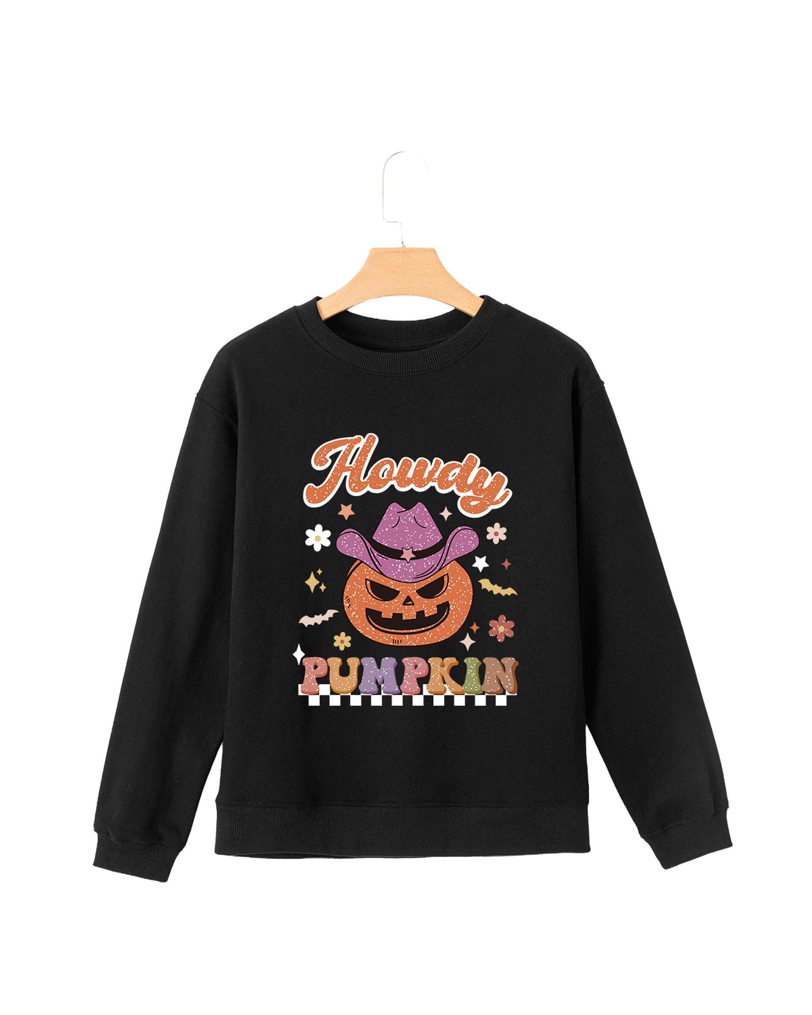 Black Halloween Howdy PUMPKIN Print Crew Neck Pullover Sweatshirt - L 4