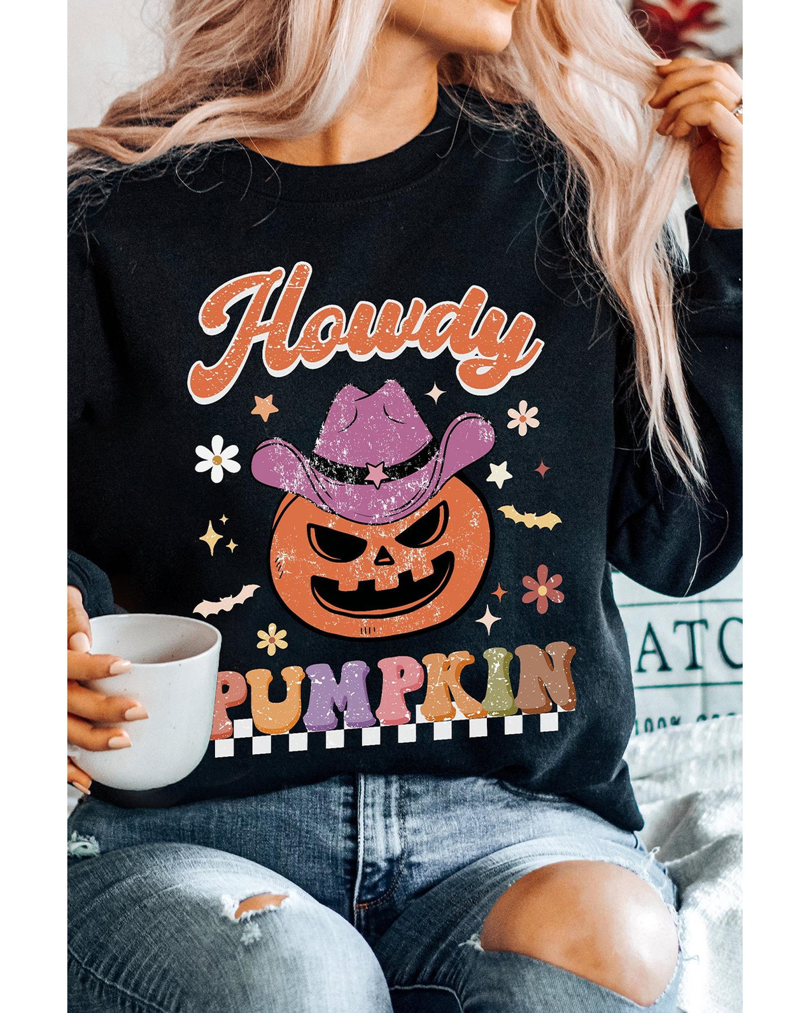 Black Halloween Howdy PUMPKIN Print Crew Neck Pullover Sweatshirt - M