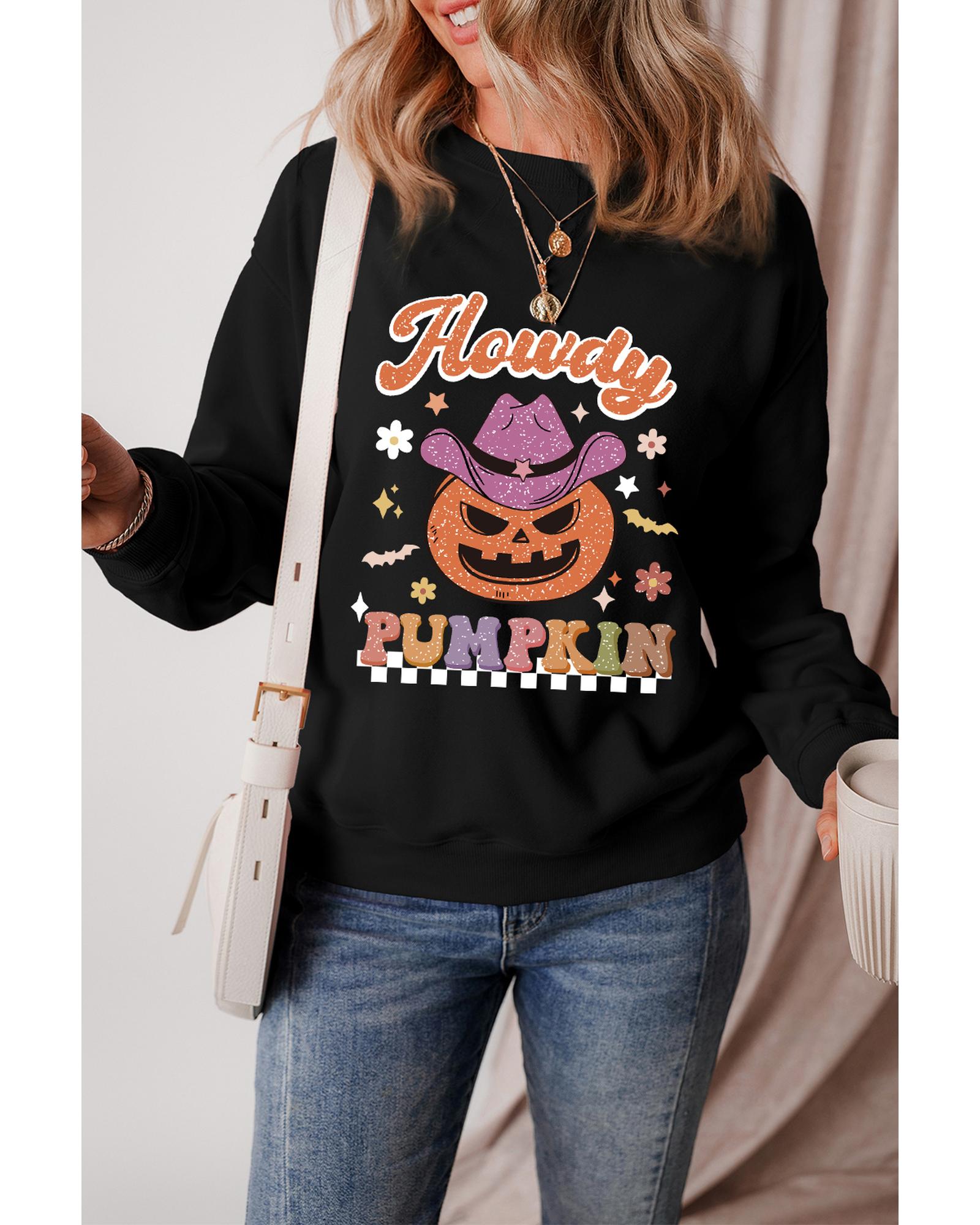 Black Halloween Howdy PUMPKIN Print Crew Neck Pullover Sweatshirt - XL 3