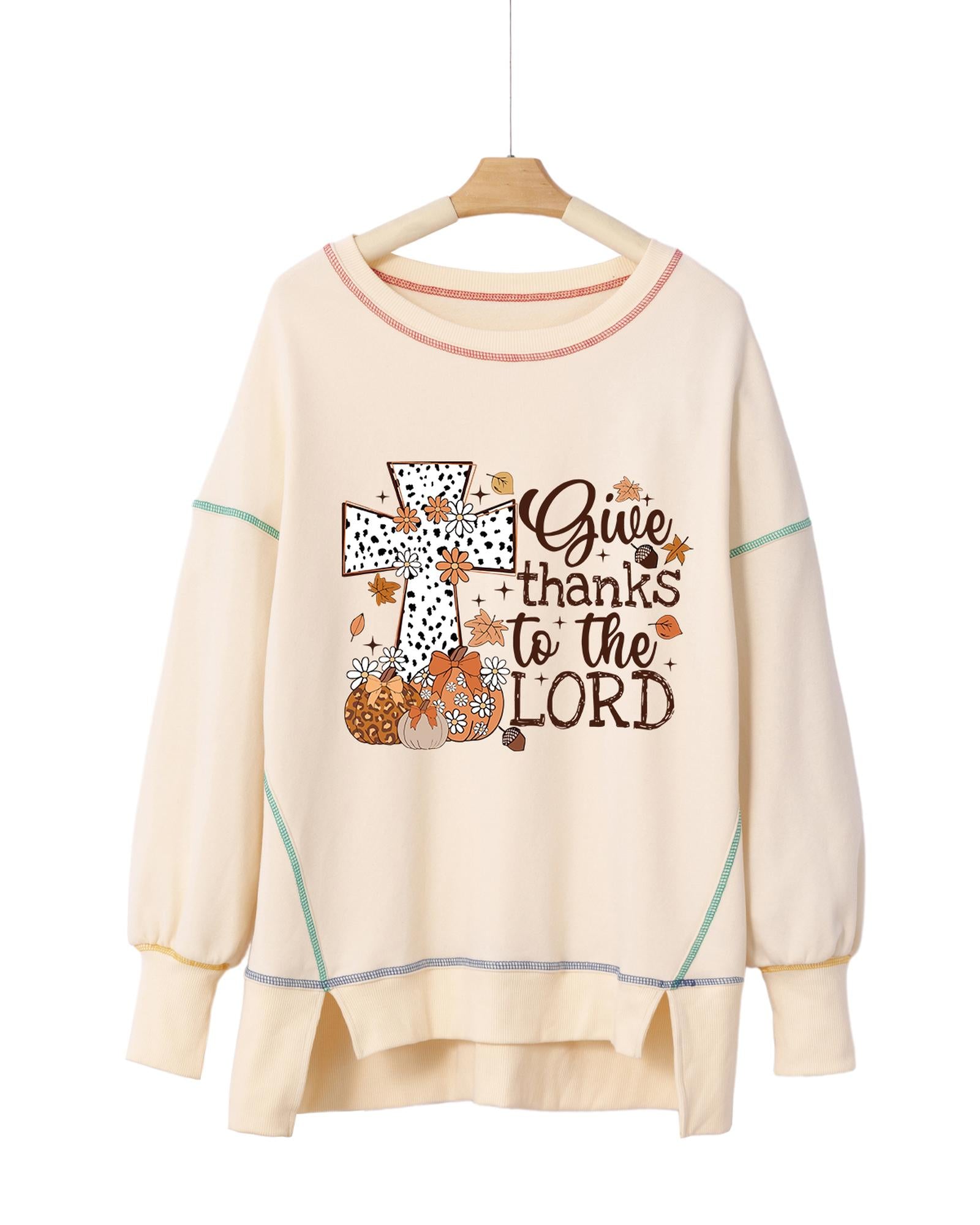 White Give Thanks to the LORD Graphic High Low Hem Loose Sweatshirt - XL 6