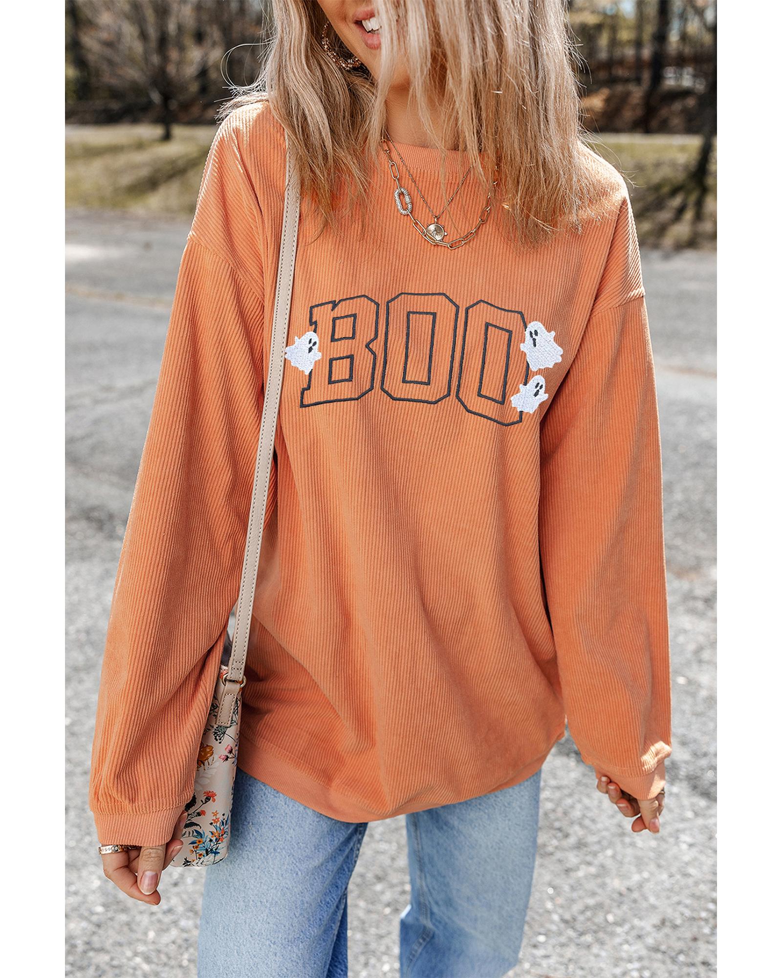 Orange Embroidered BOO Ghost Corded Halloween Sweatshirt - L 3